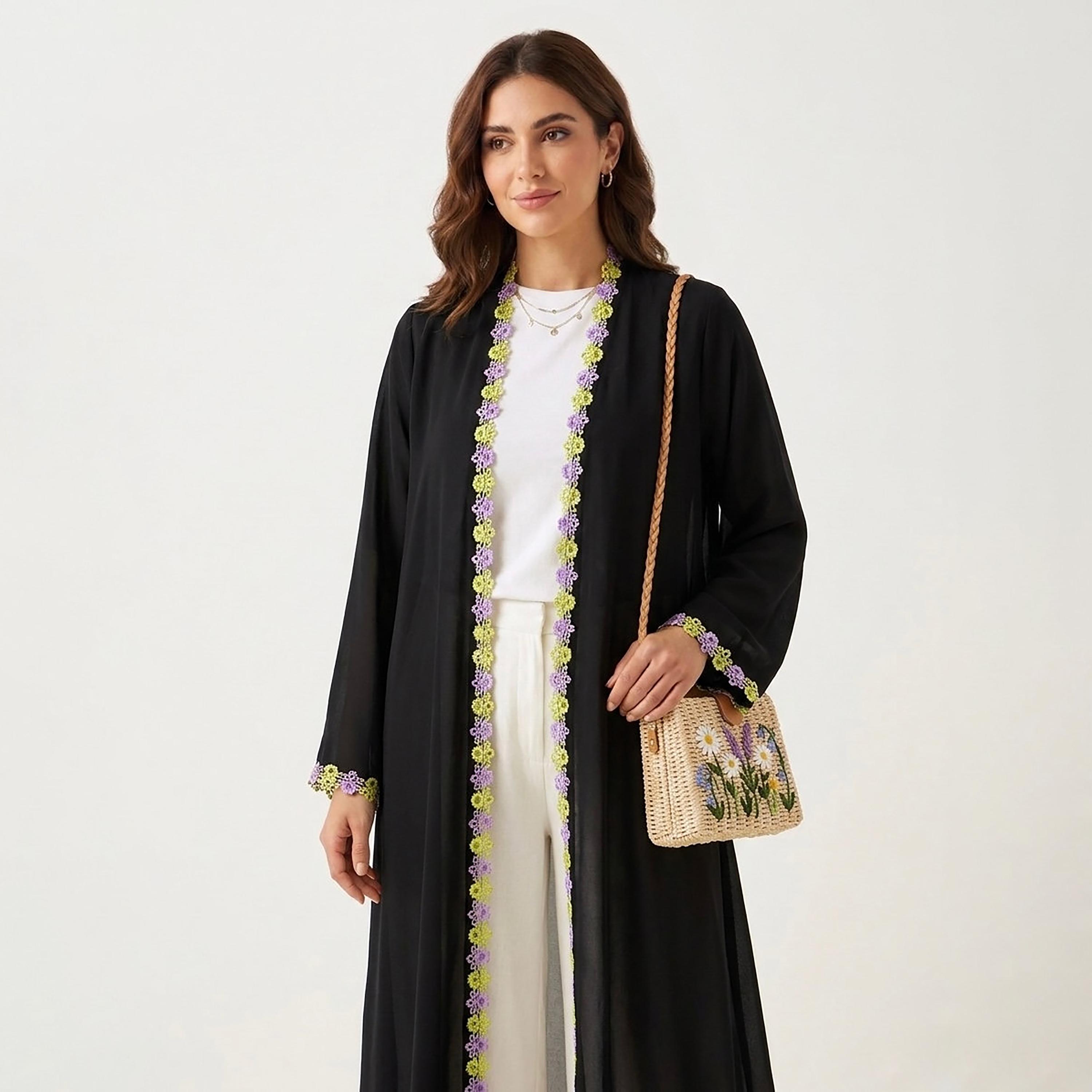 Hadiyath Al Madinah Floral Lace Trim Nida Women's Abaya-women-arabicclothing-abayas-image-2