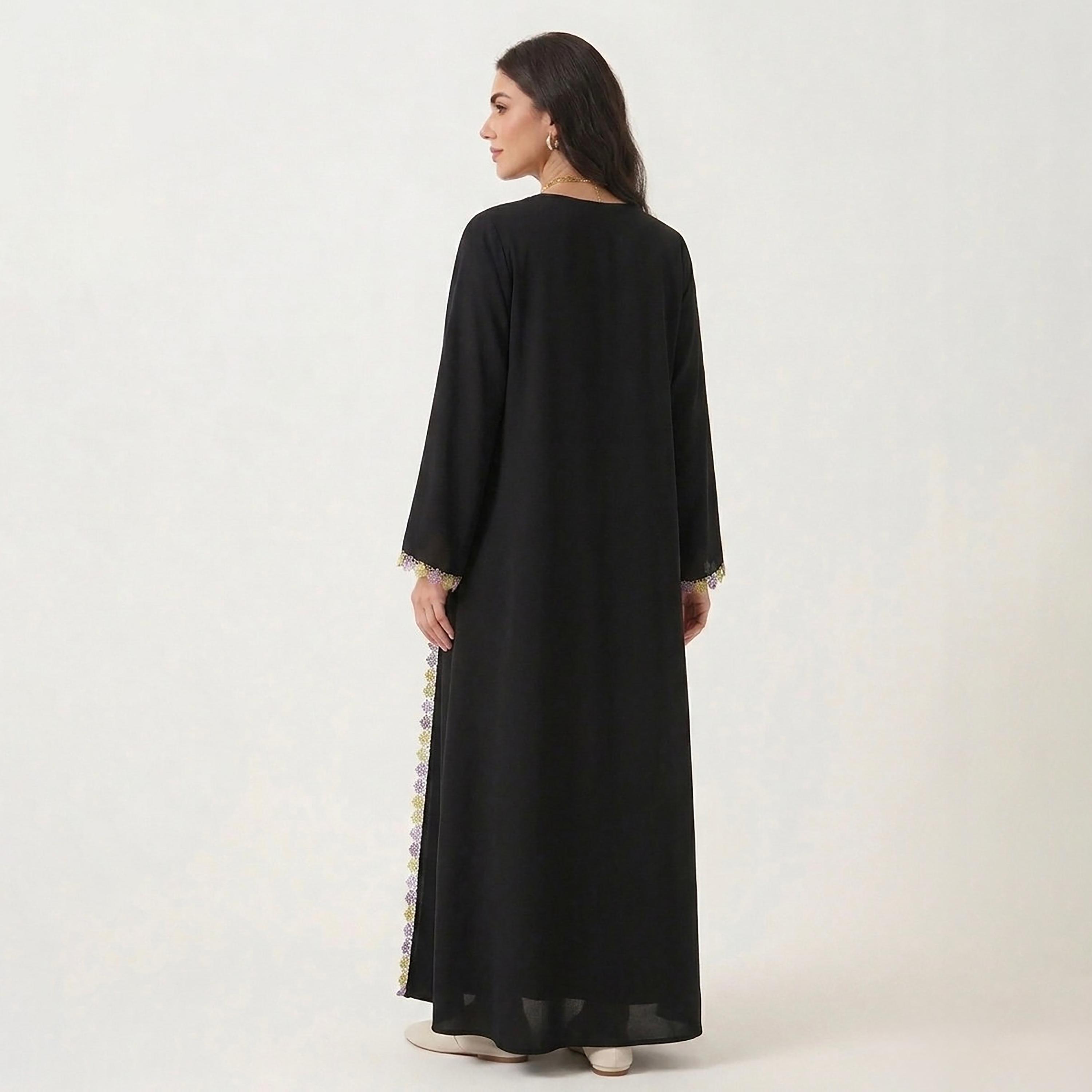 Hadiyath Al Madinah Floral Lace Trim Nida Women's Abaya-women-arabicclothing-abayas-image-3