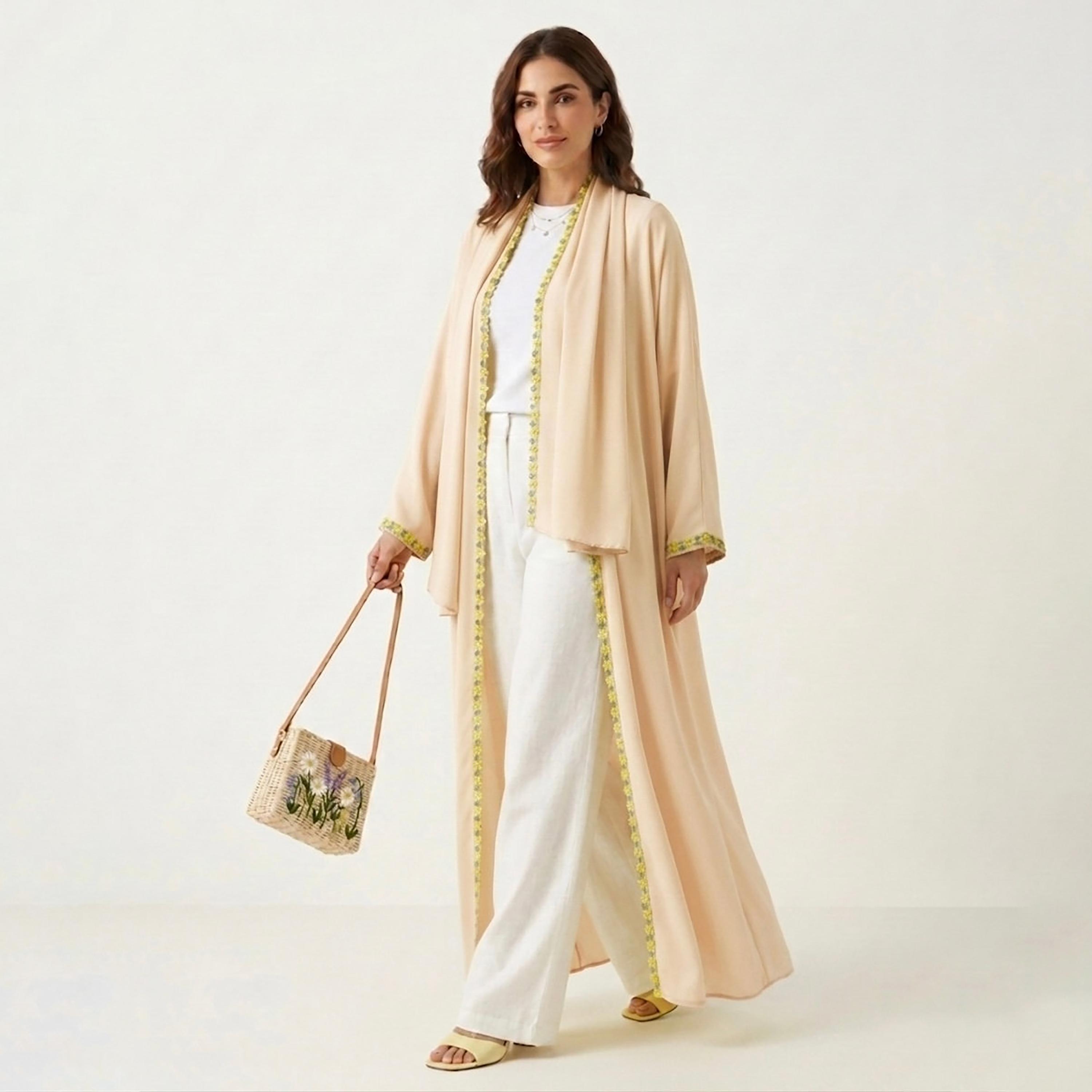 Hadiyath Al Madinah Floral Lace Trim Nida Women's Abaya-women-arabicclothing-abayas-image-1