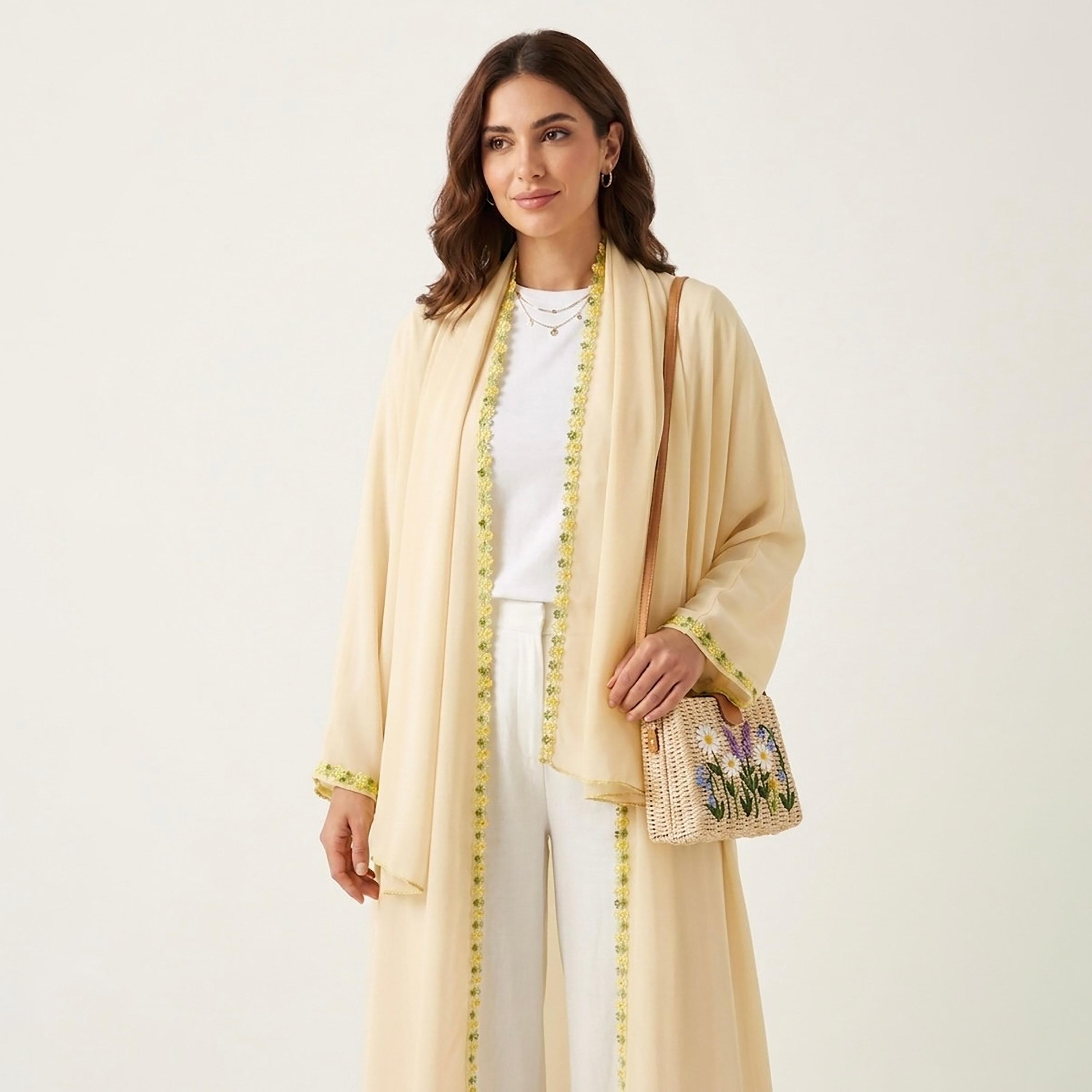 Hadiyath Al Madinah Floral Lace Trim Nida Women's Abaya-women-arabicclothing-abayas-image-2