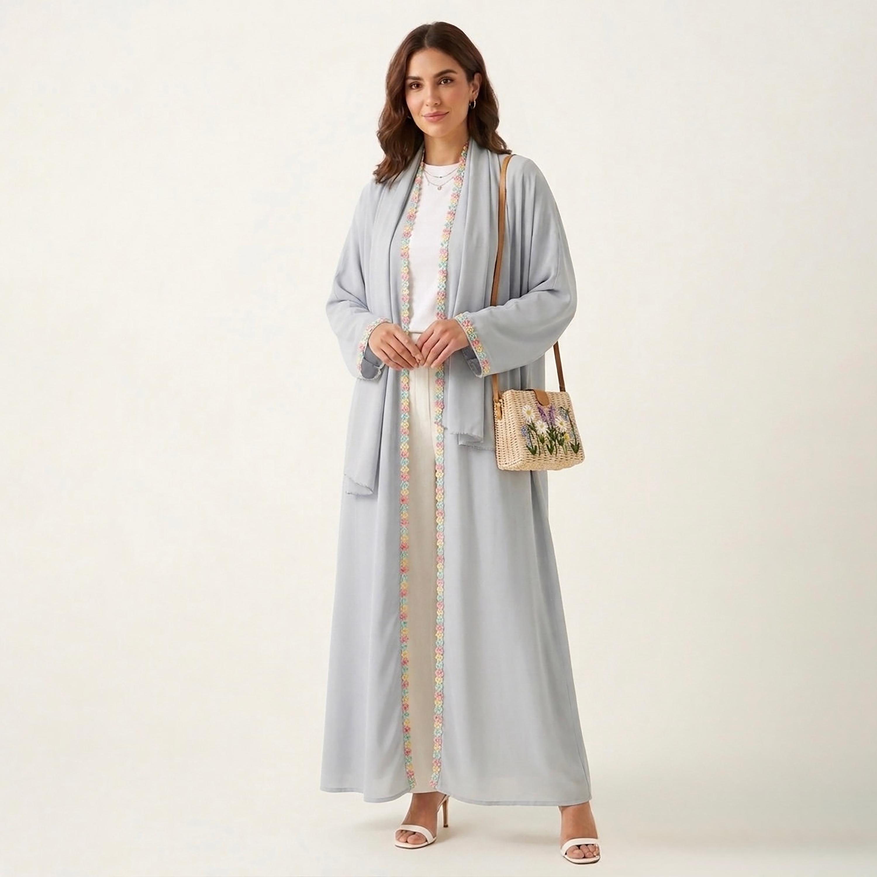 Hadiyath Al Madinah Floral Lace Trim Nida Women's Abaya-women-arabicclothing-abayas-image-1