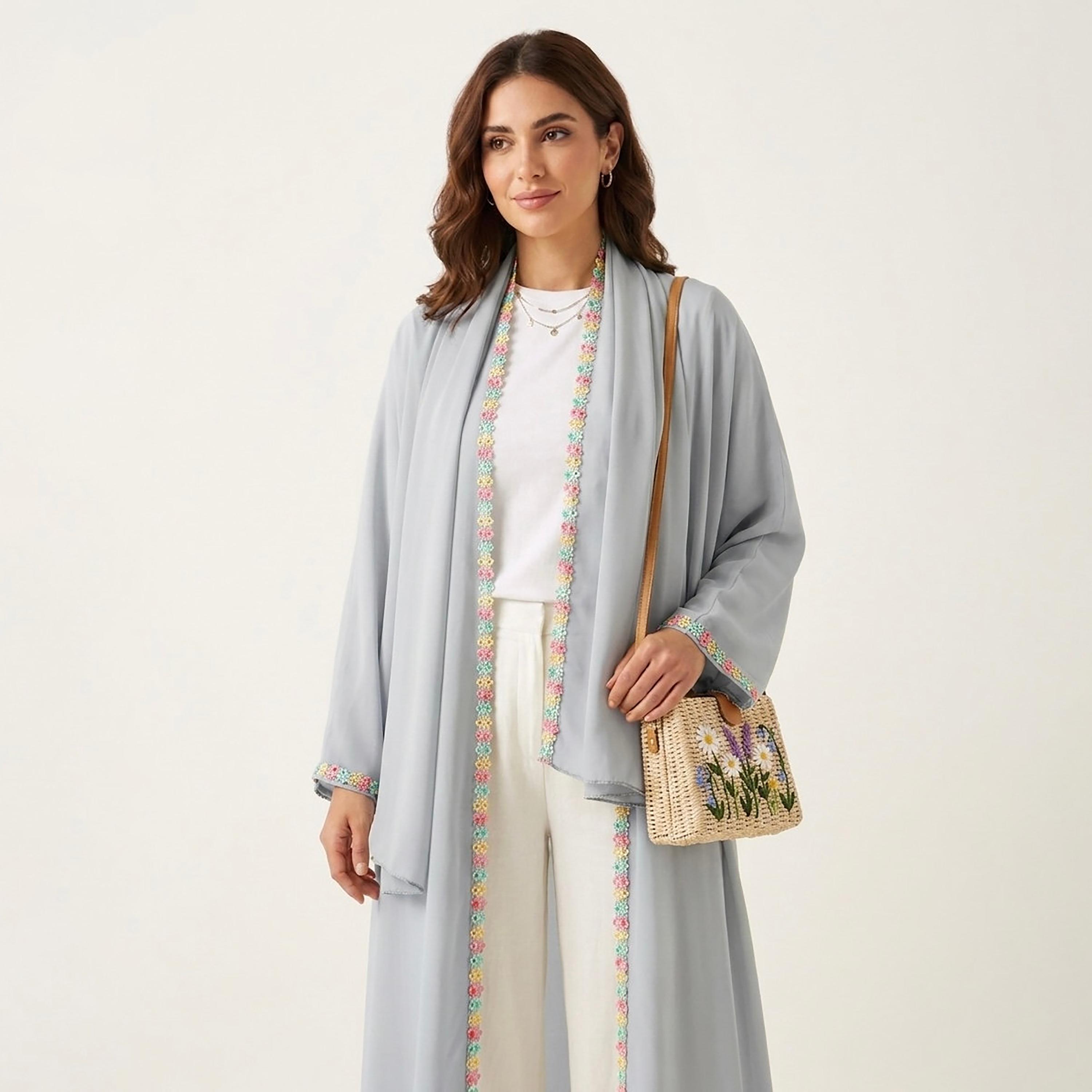 Hadiyath Al Madinah Floral Lace Trim Nida Women's Abaya-women-arabicclothing-abayas-image-2