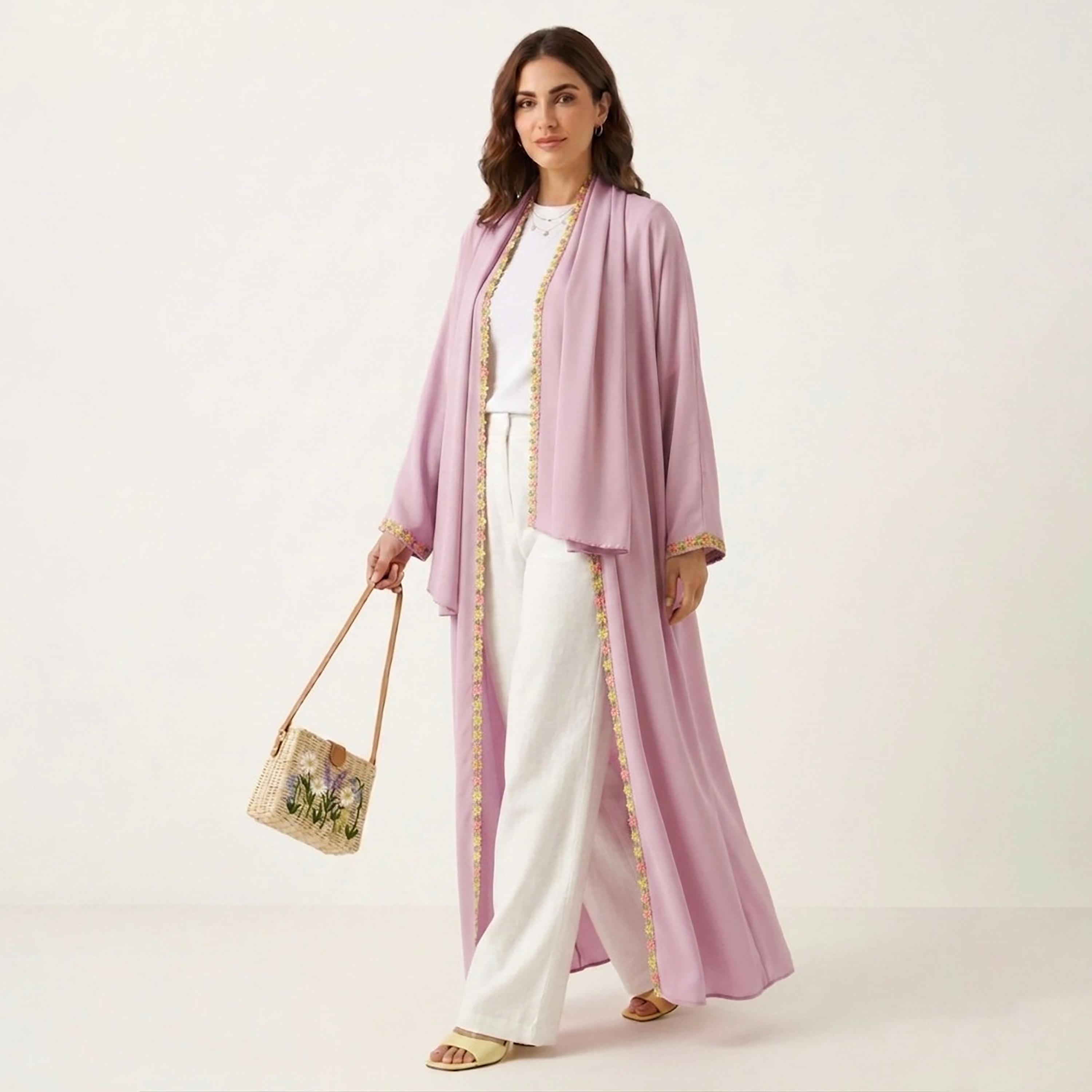 Hadiyath Al Madinah Floral Lace Trim Nida Women's Abaya-women-arabicclothing-abayas-image-1