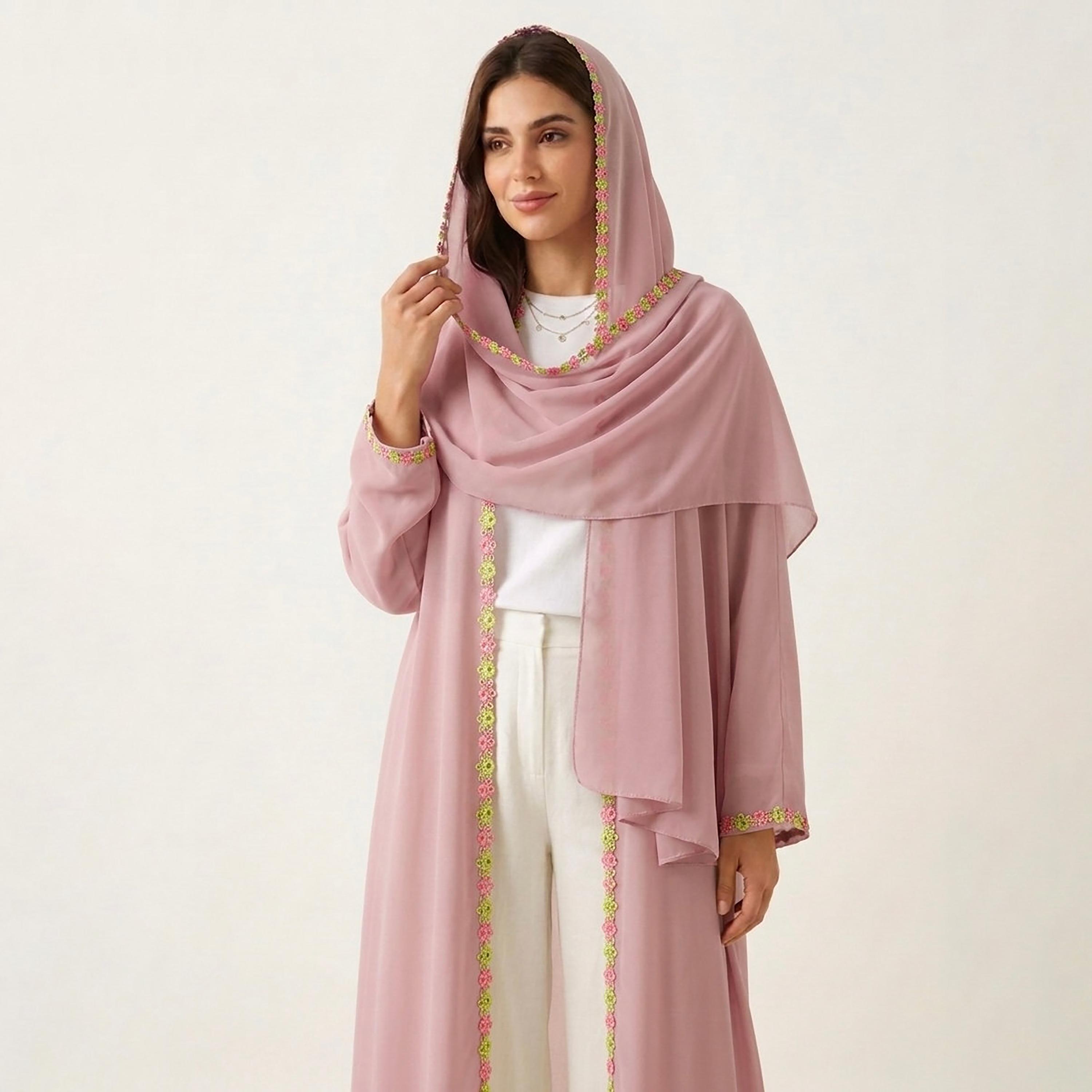 Hadiyath Al Madinah Floral Lace Trim Nida Women's Abaya-women-arabicclothing-abayas-image-2