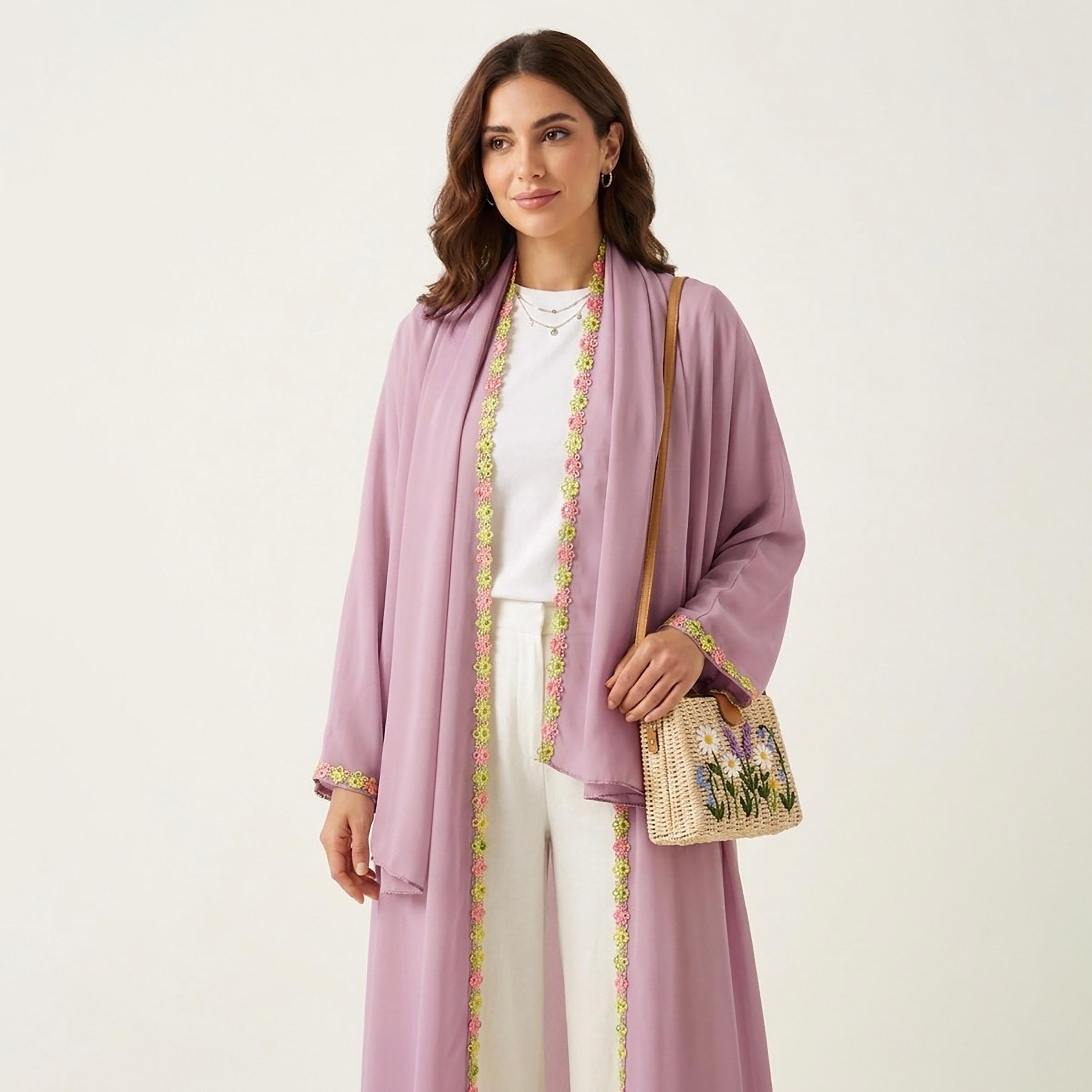 Hadiyath Al Madinah Floral Lace Trim Nida Women's Abaya-women-arabicclothing-abayas-image-3