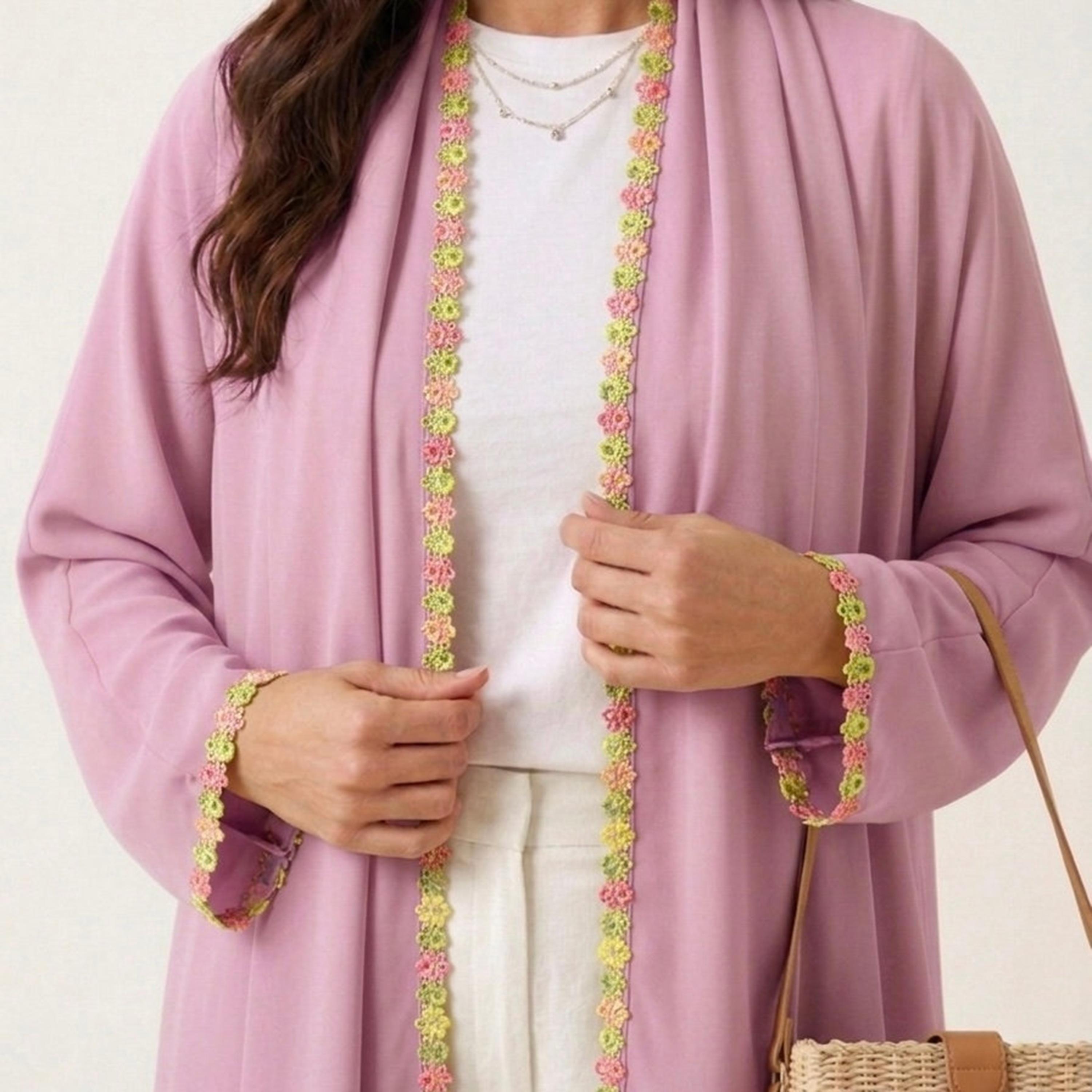 Hadiyath Al Madinah Floral Lace Trim Nida Women's Abaya-women-arabicclothing-abayas-image-4