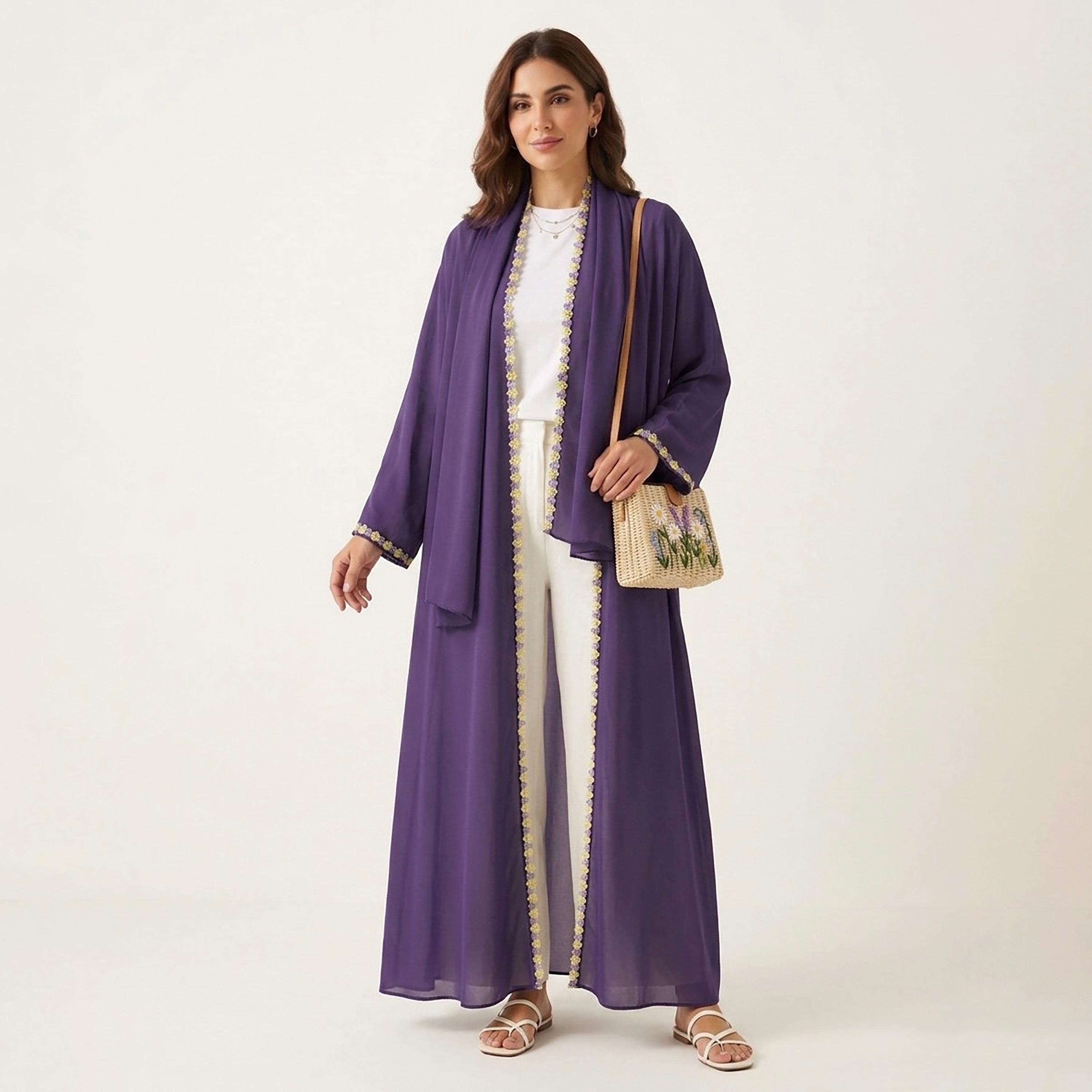 Hadiyath Al Madinah Floral Lace Trim Nida Women's Abaya-women-arabicclothing-abayas-image-1