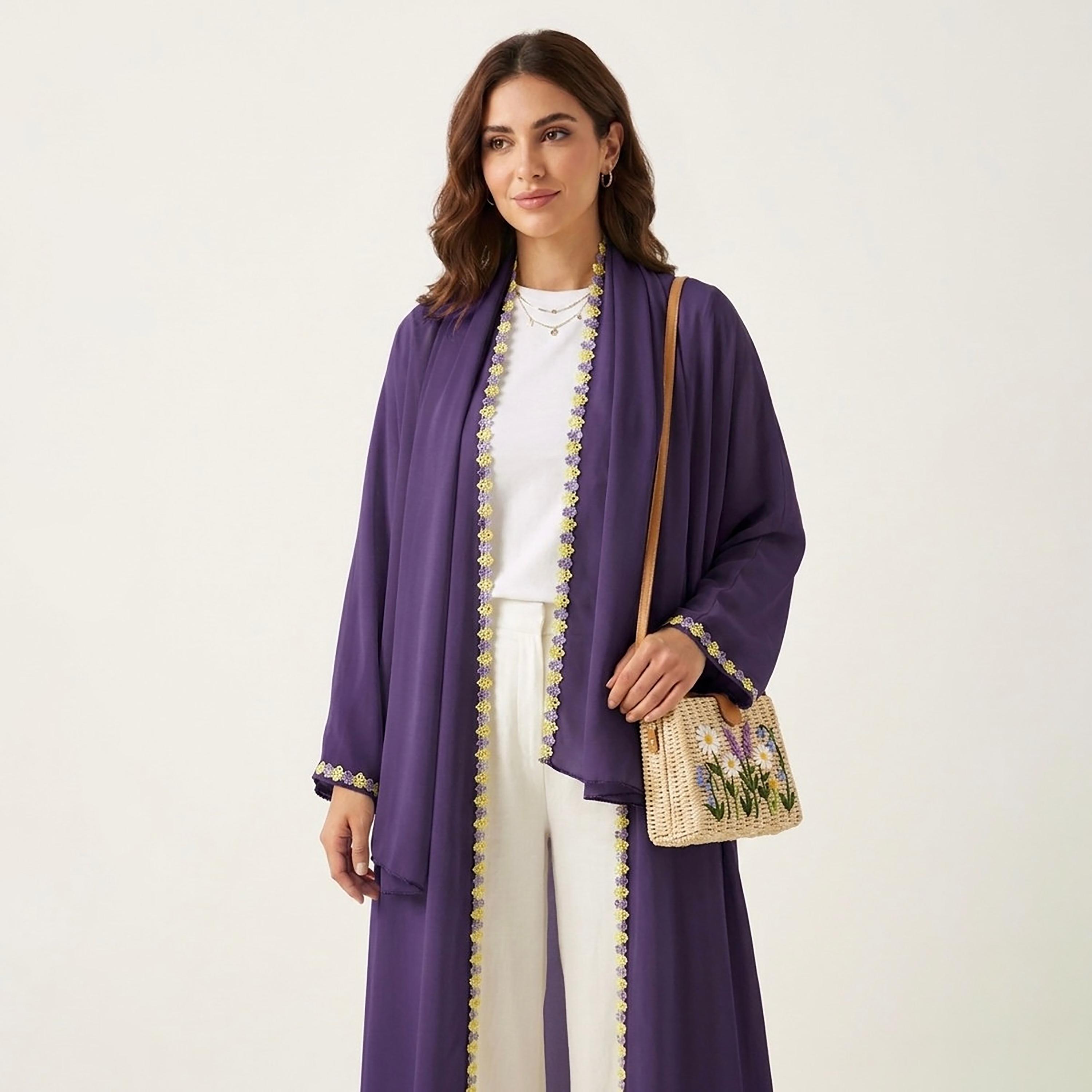 Hadiyath Al Madinah Floral Lace Trim Nida Women's Abaya-women-arabicclothing-abayas-image-2