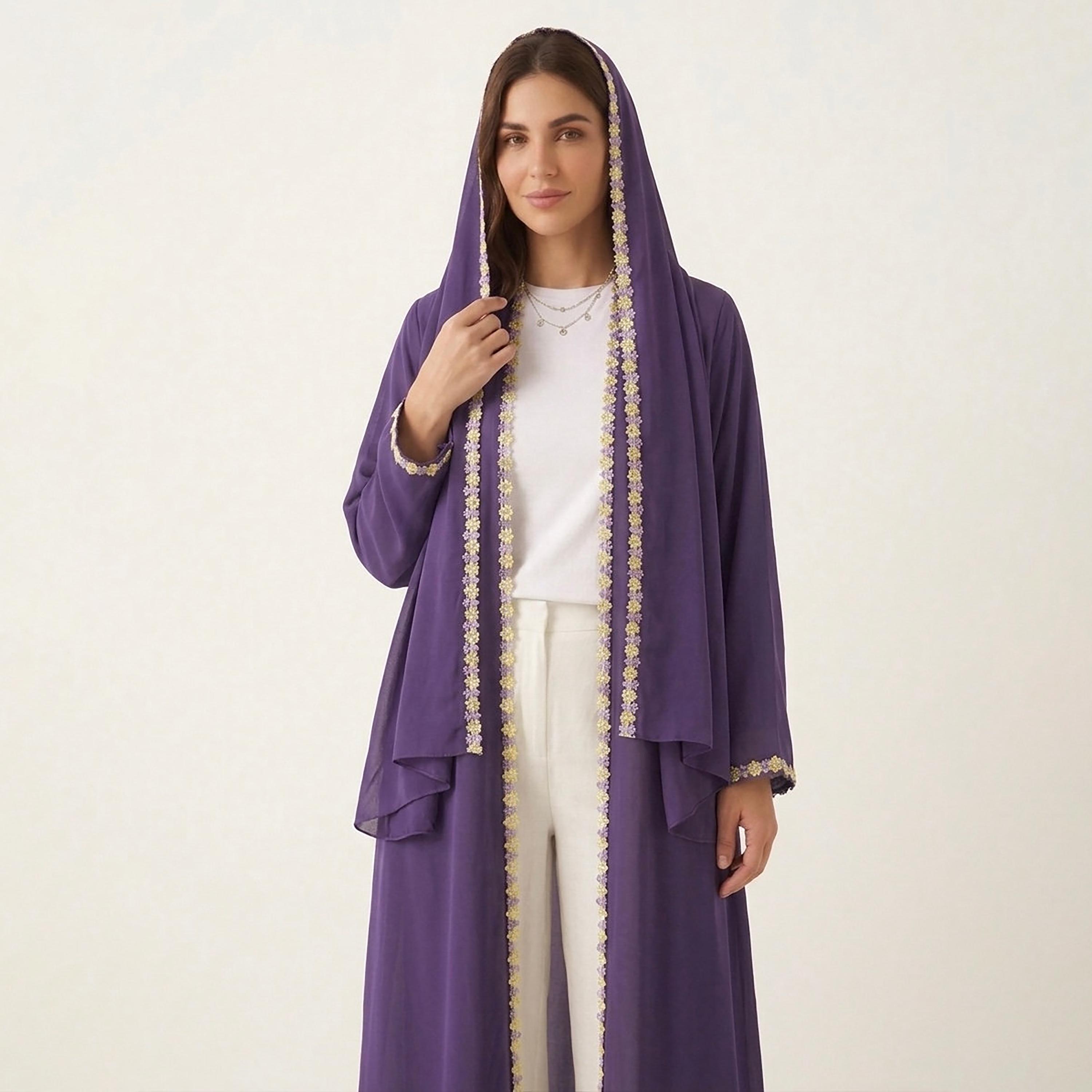 Hadiyath Al Madinah Floral Lace Trim Nida Women's Abaya-women-arabicclothing-abayas-image-3
