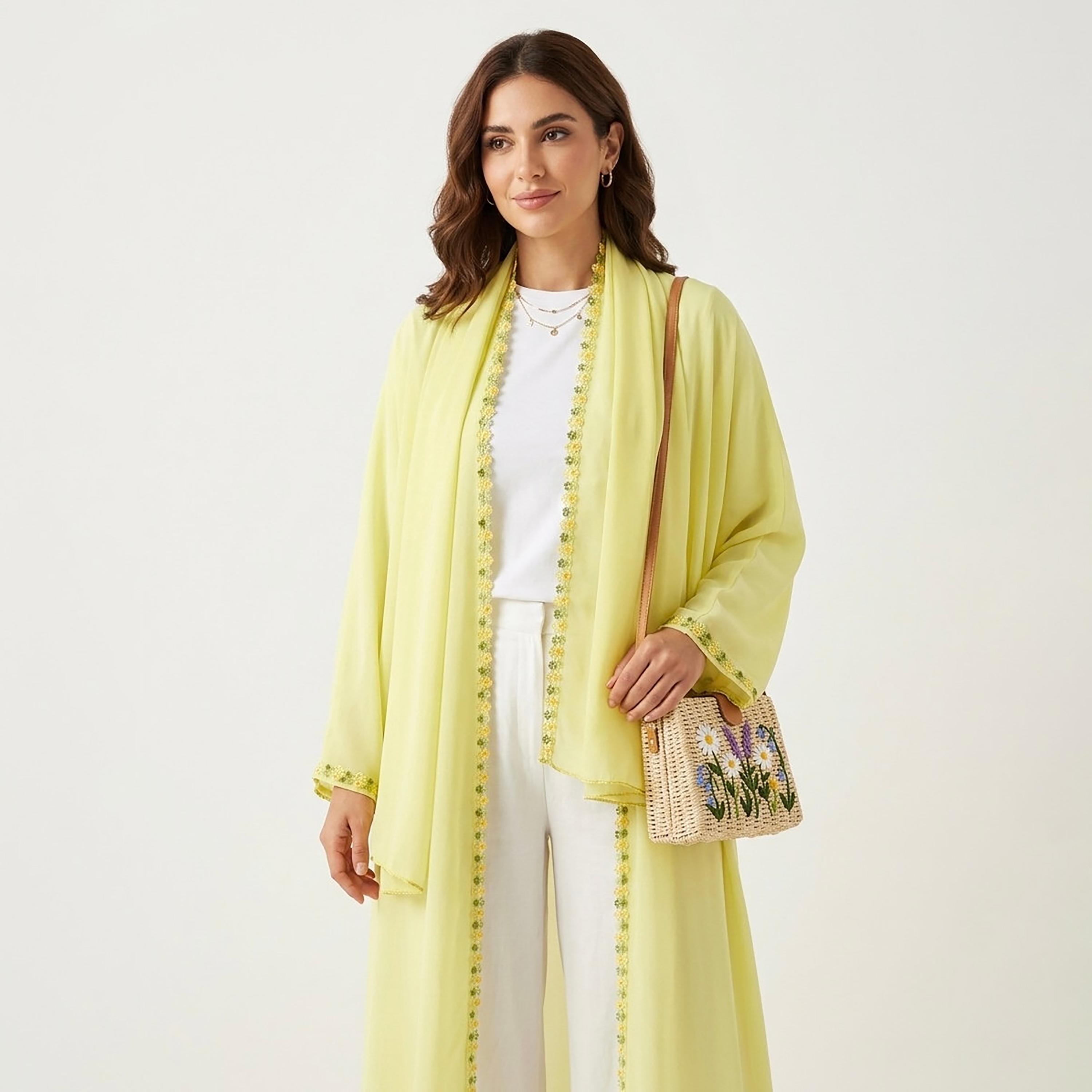 Hadiyath Al Madinah Floral Lace Trim Nida Women's Abaya-women-arabicclothing-abayas-image-2