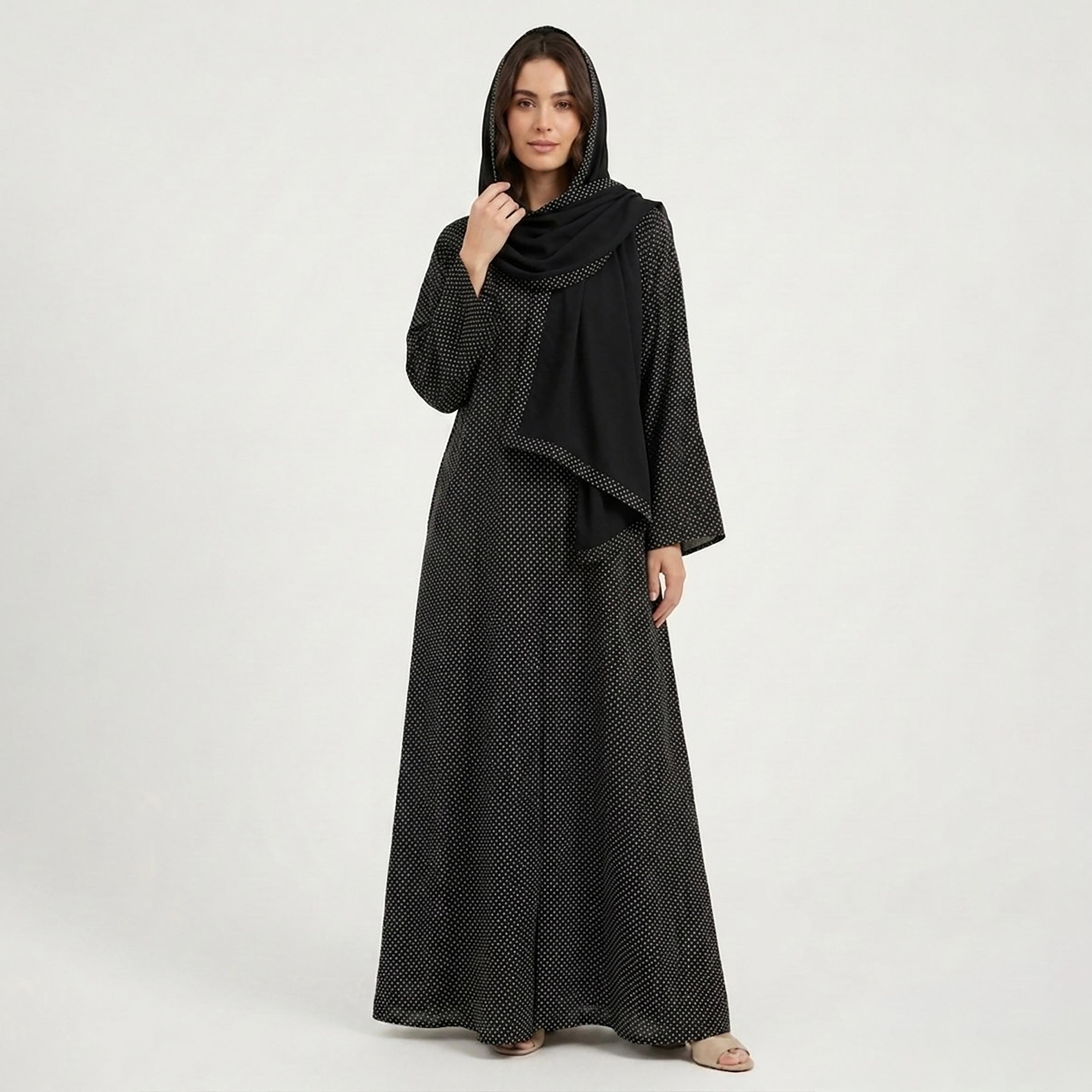 Hadiyath Al Madinah Black Polka Dot Women's Abaya-women-arabicclothing-abayas-image-1