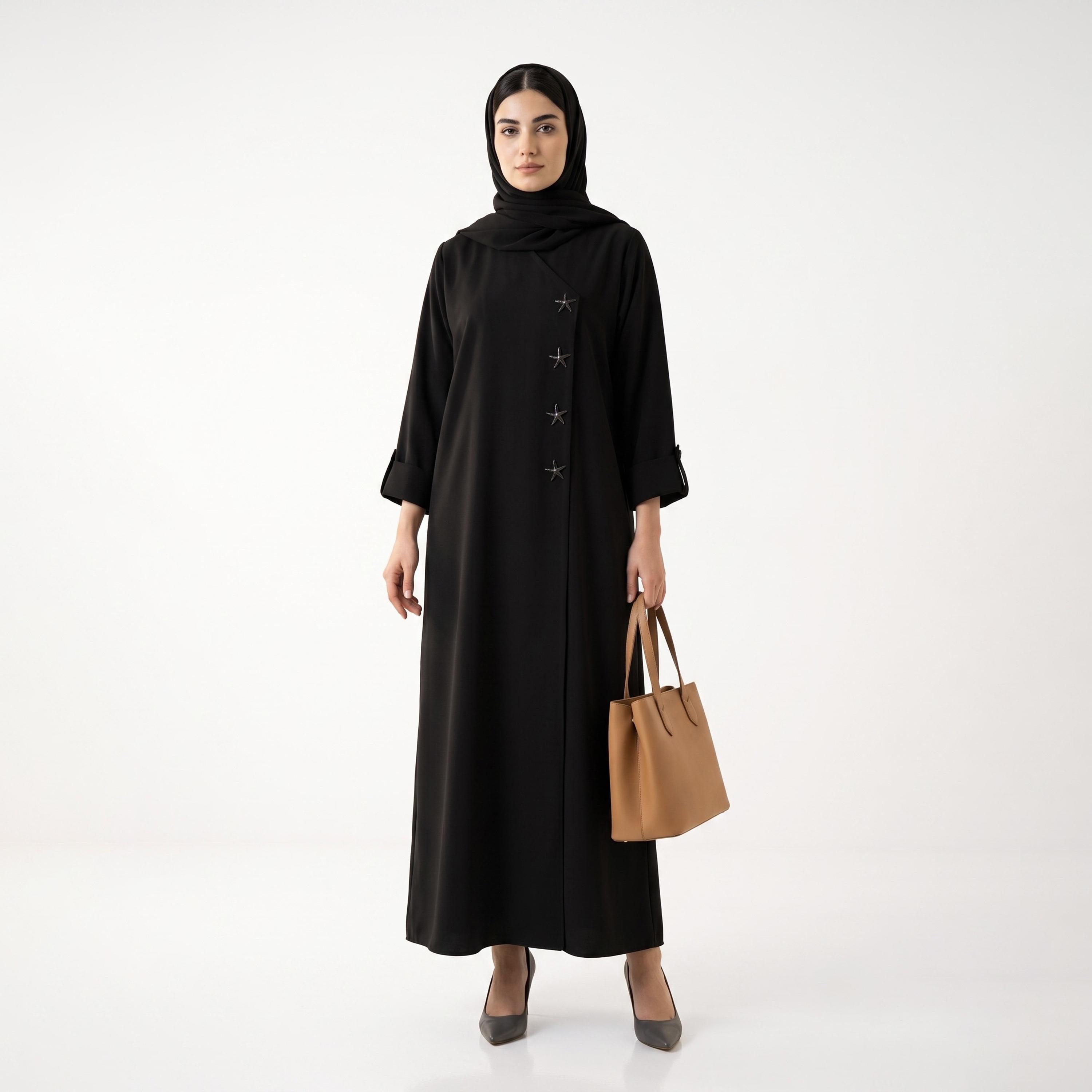 عباءة نيدا للنساء باللون الأسود مزينة بنجوم وأكمام قابلة للطي مع حجاب من حديث المدينة-women-arabicclothing-abayas-image-1