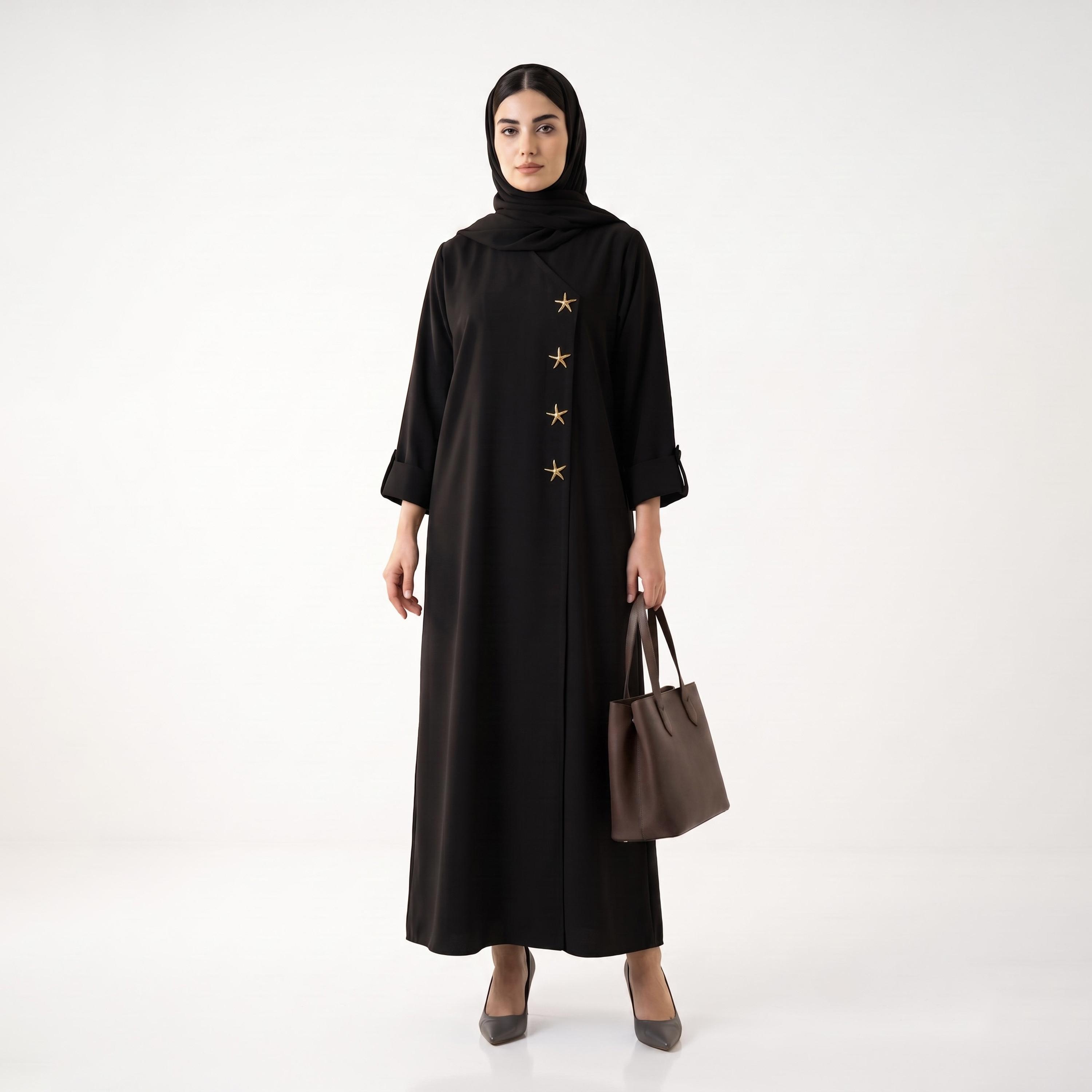 Hadiyath Al Madinah Black Star Detailed Roll-Up Sleeves Nida Women's Abaya with Hijab-women-arabicclothing-abayas-image-1