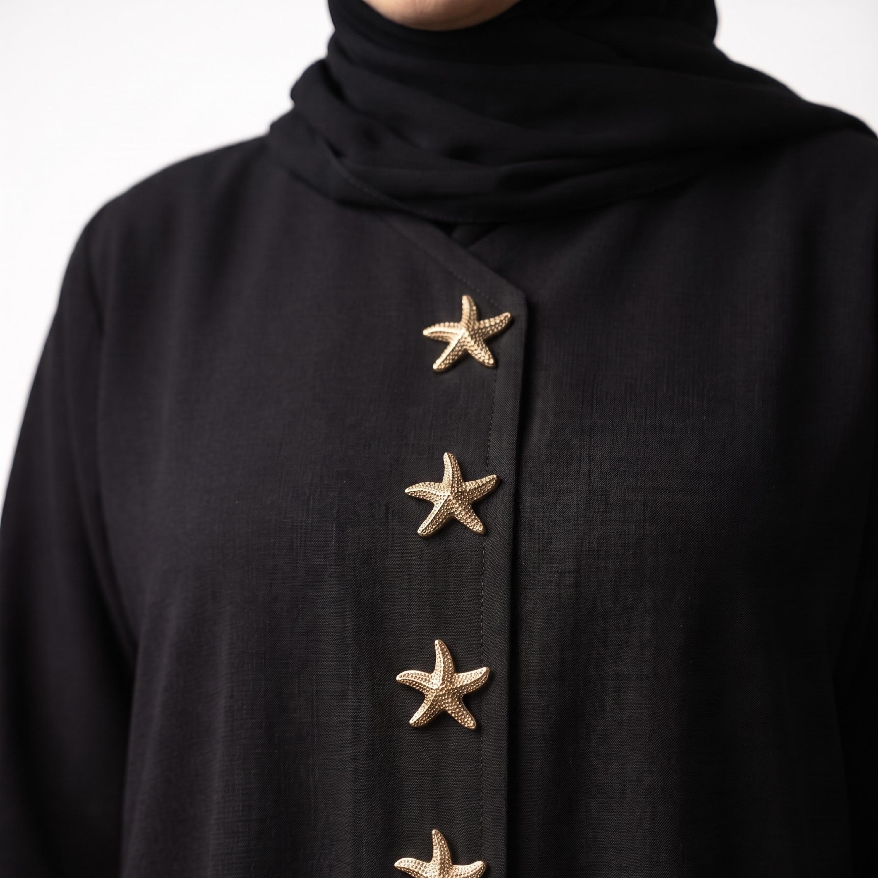 Hadiyath Al Madinah Black Star Detailed Roll-Up Sleeves Nida Women's Abaya with Hijab-women-arabicclothing-abayas-image-2