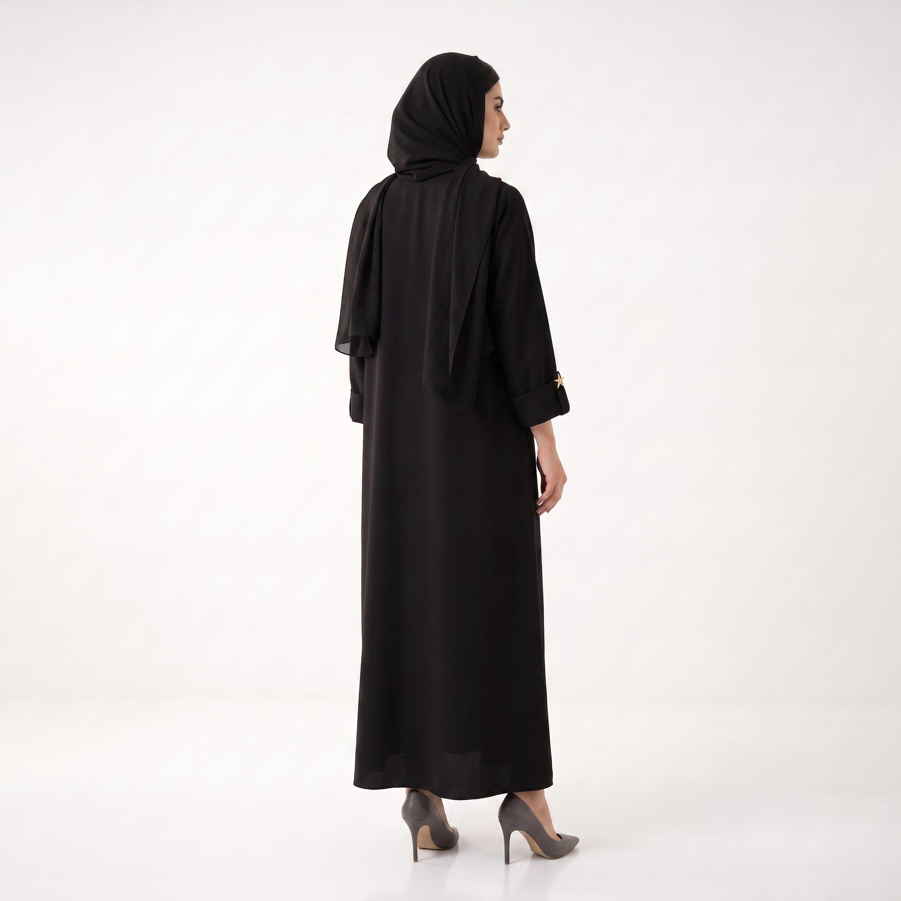 Hadiyath Al Madinah Black Star Detailed Roll-Up Sleeves Nida Women's Abaya with Hijab-women-arabicclothing-abayas-image-4