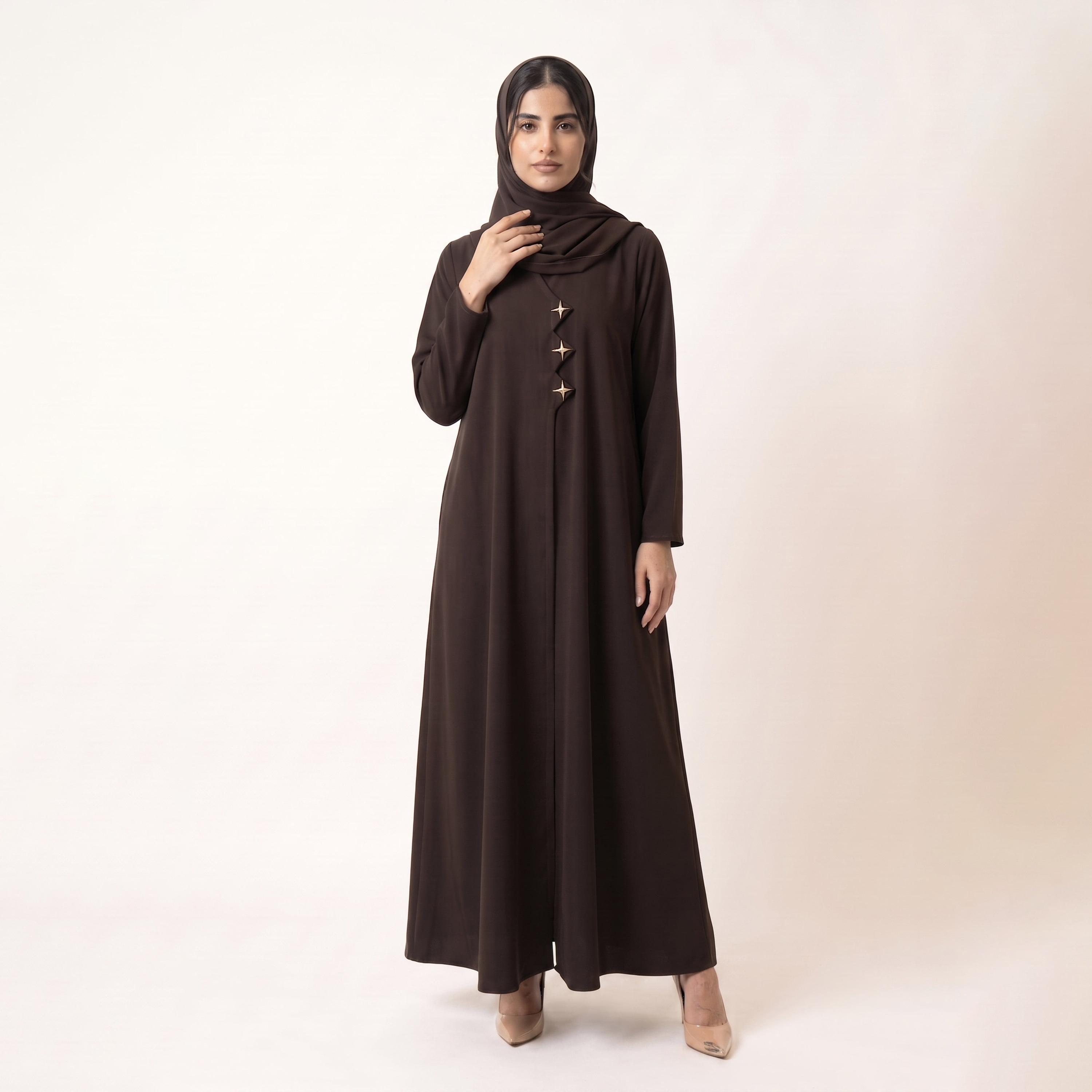 Hadiyath Al Madinah Brown Star Detailed Nida Women's Abaya with Hijab-women-arabicclothing-abayas-image-1