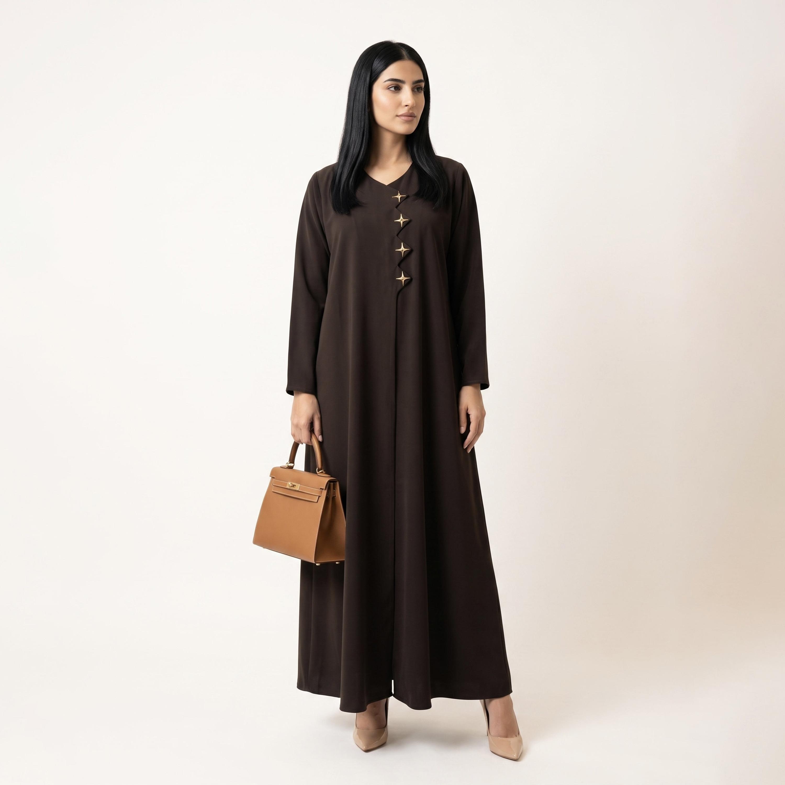 Hadiyath Al Madinah Brown Star Detailed Nida Women's Abaya with Hijab-women-arabicclothing-abayas-image-2