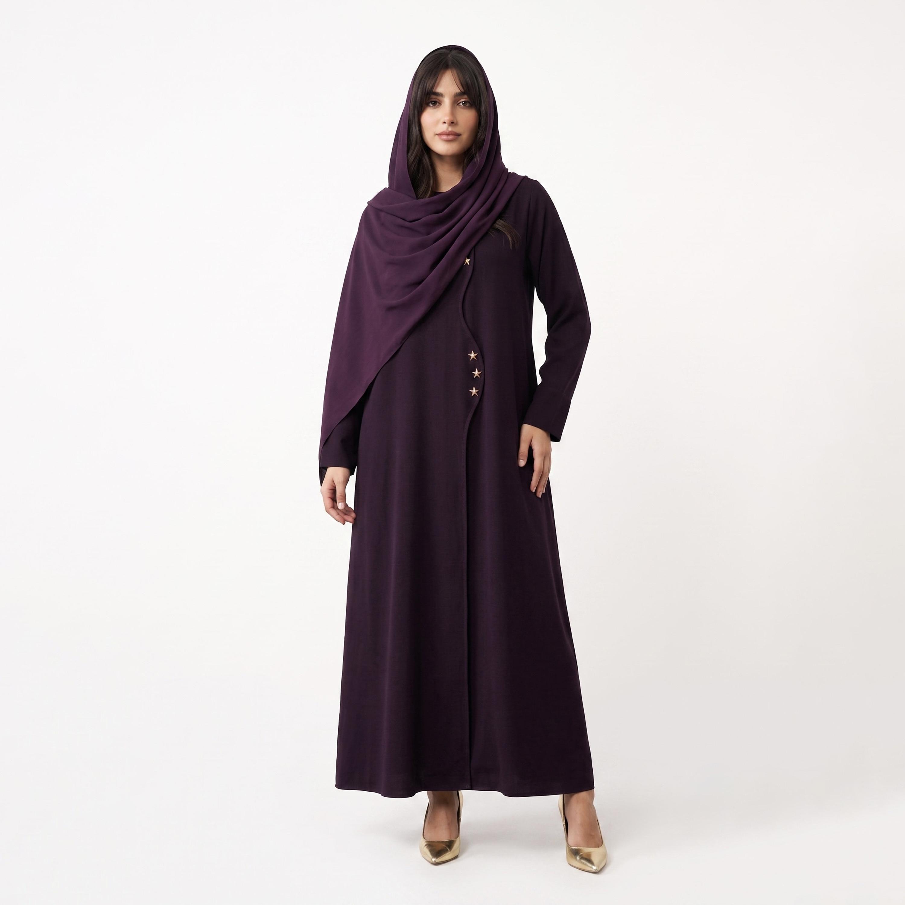 Hadiyath Al Madinah Purple Star Detailed Nida Women's Abaya with Hijab-women-arabicclothing-abayas-image-1