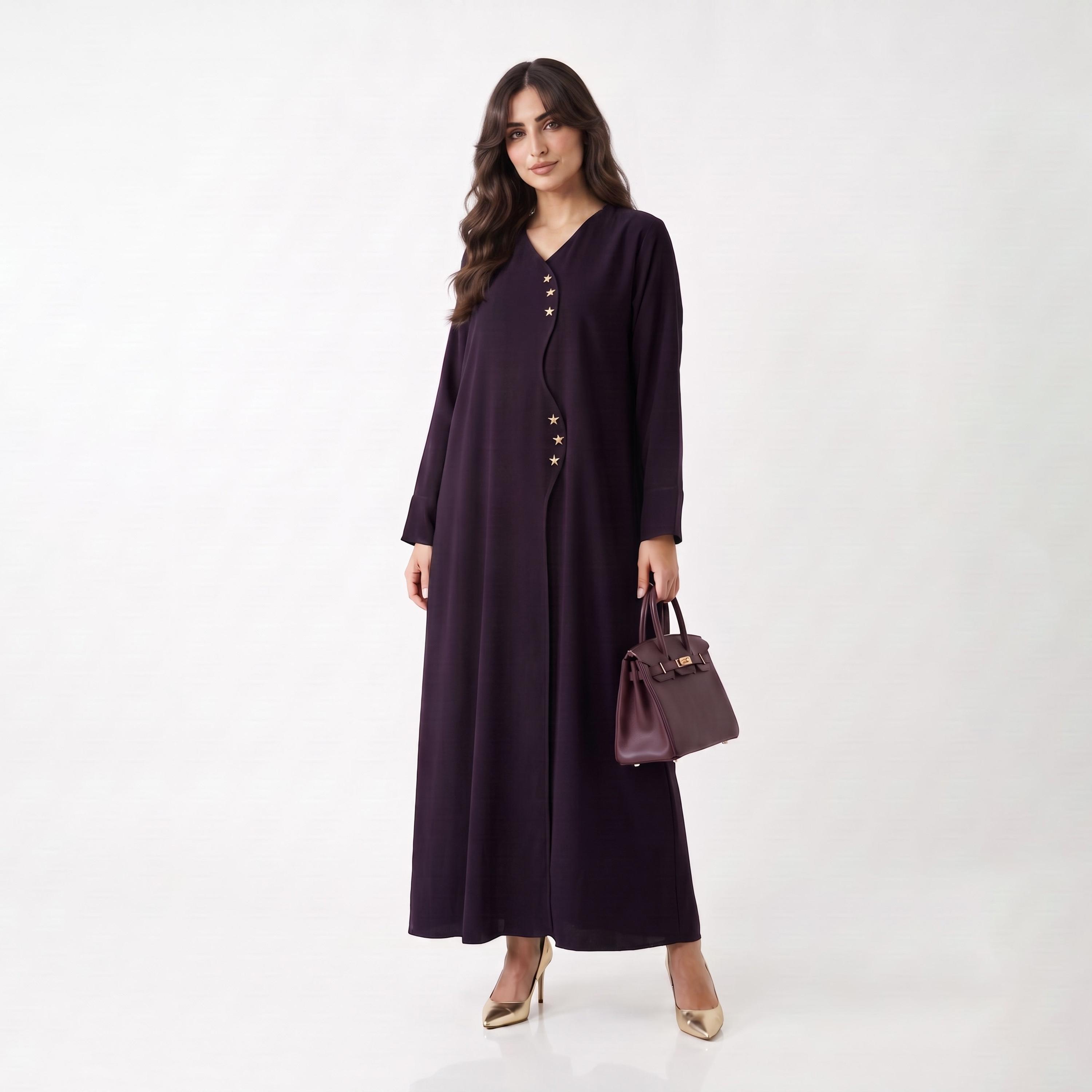 Hadiyath Al Madinah Purple Star Detailed Nida Women's Abaya with Hijab-women-arabicclothing-abayas-image-3