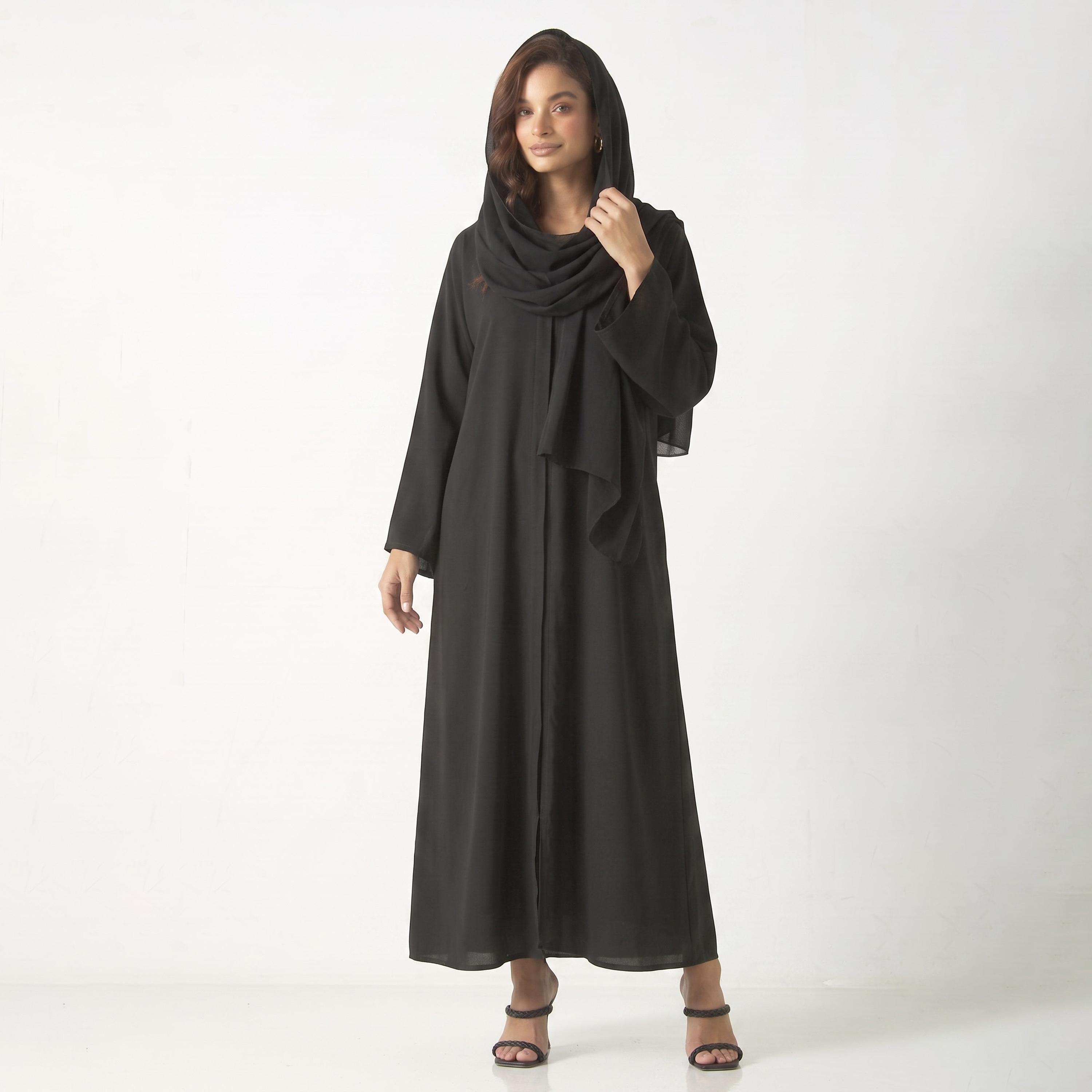 Hadiyath Al Madinah Black Nida Women's Abaya with Hijab-women-arabicclothing-abayas-image-1
