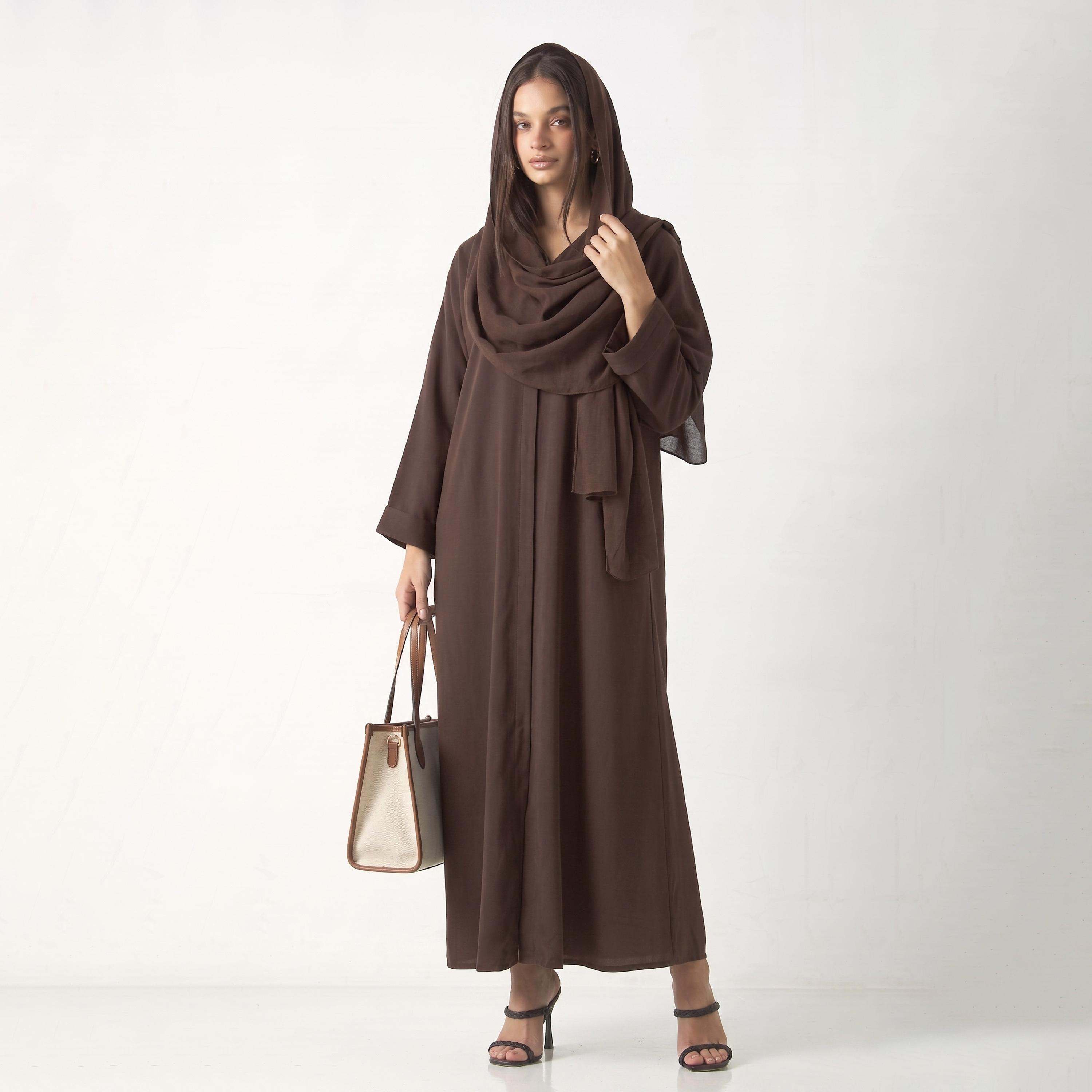 Hadiyath Al Madinah Brown Nida Women's Abaya with Hijab-women-arabicclothing-abayas-image-1