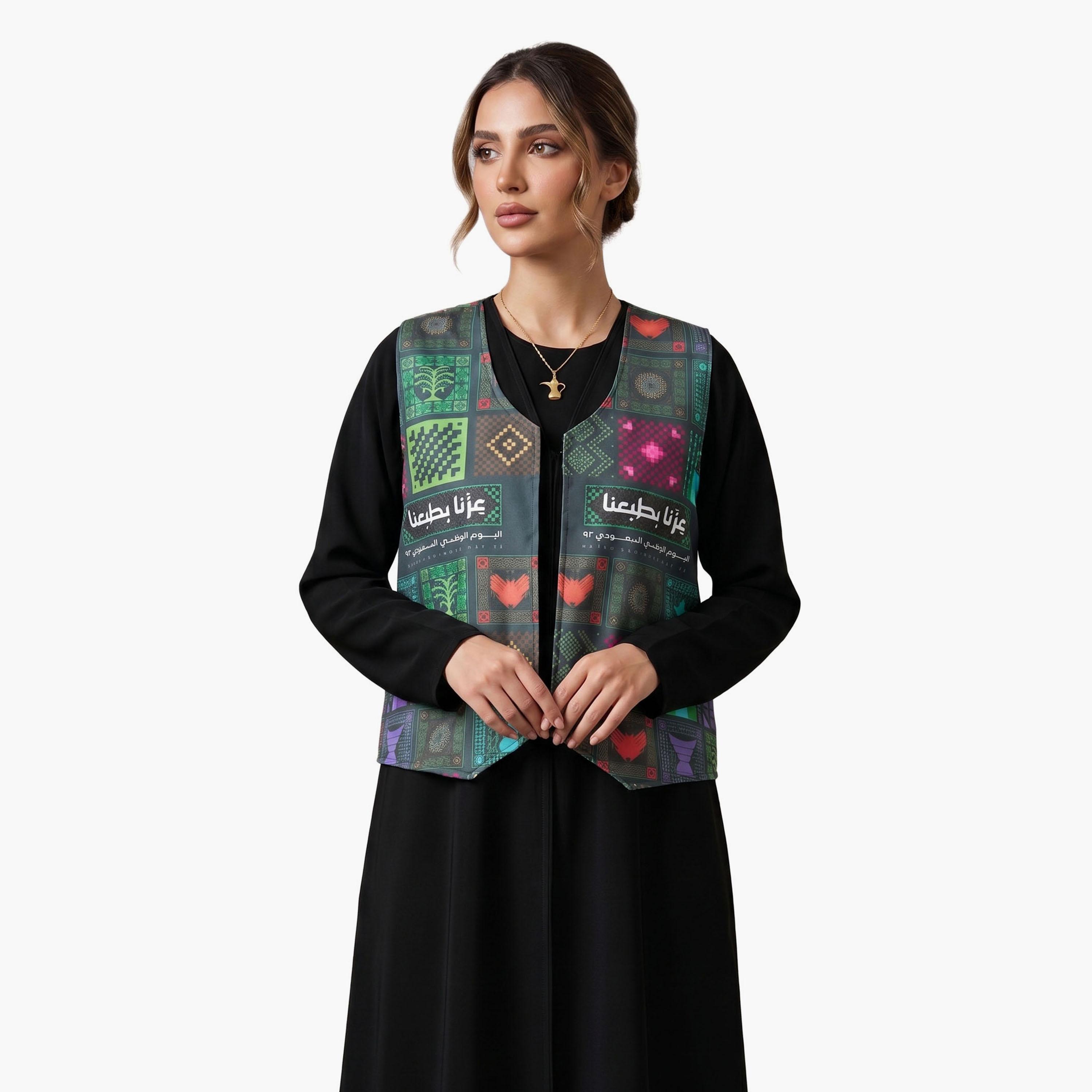 Hadiyath Al Madinah Black Geometric Print Women's National Day Vest-women-winterwear-coatsandjackets-waistcoats-image-1