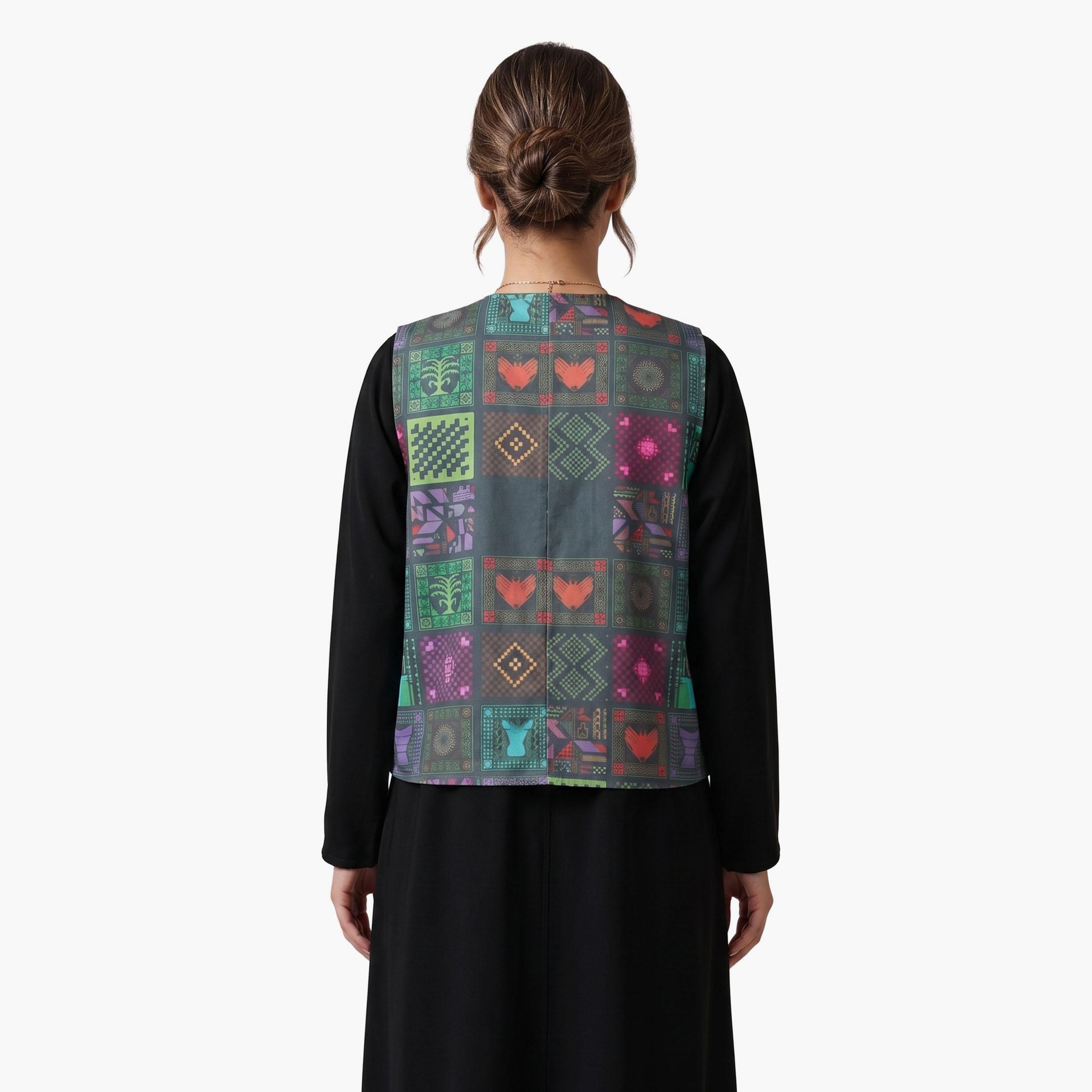Hadiyath Al Madinah Black Geometric Print Women's National Day Vest-women-winterwear-coatsandjackets-waistcoats-image-2