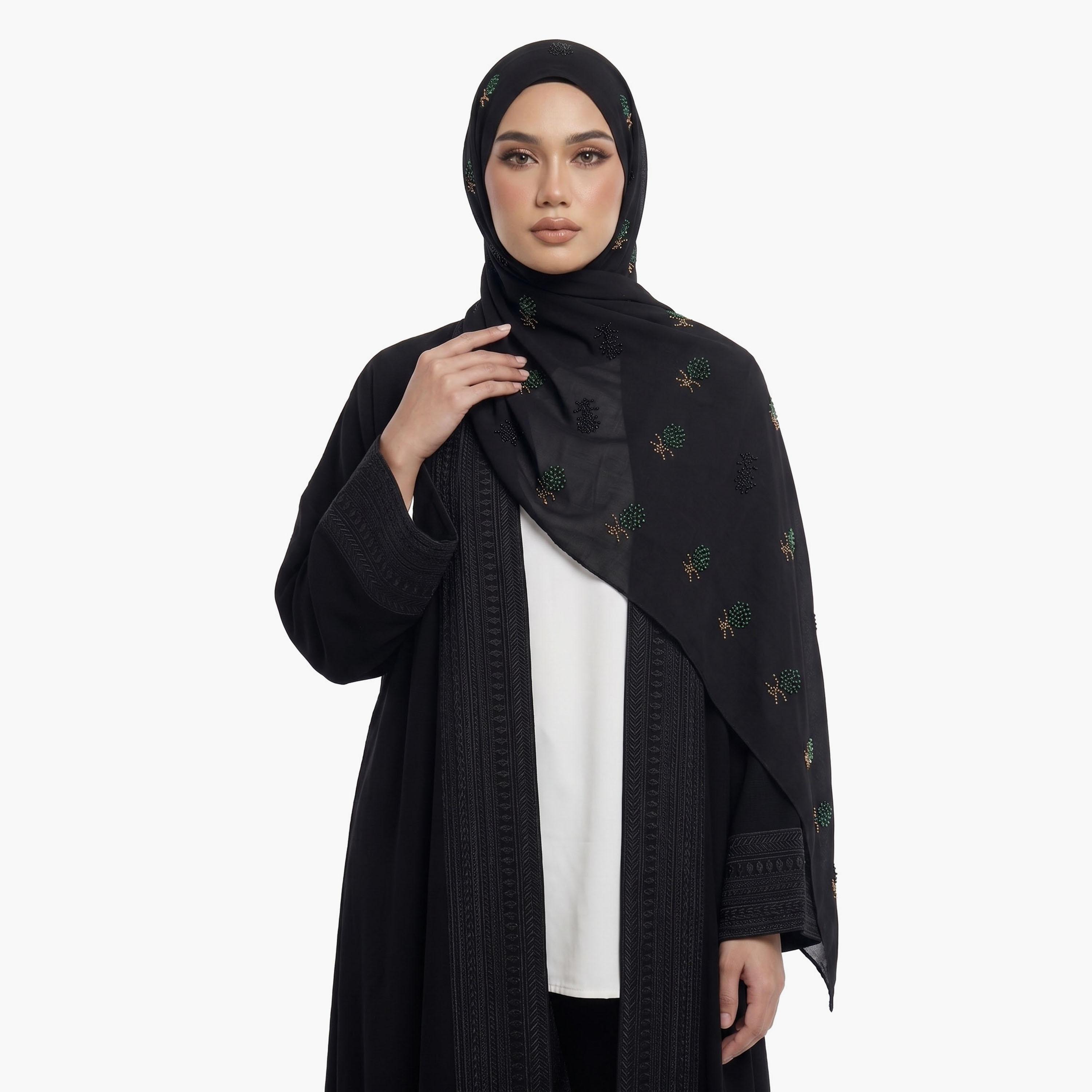 حجاب حريمي لليوم الوطني مزين بالأحجار باللون الأسود من حديث المدينة-women-arabicclothing-headscarf-hijab-image-2