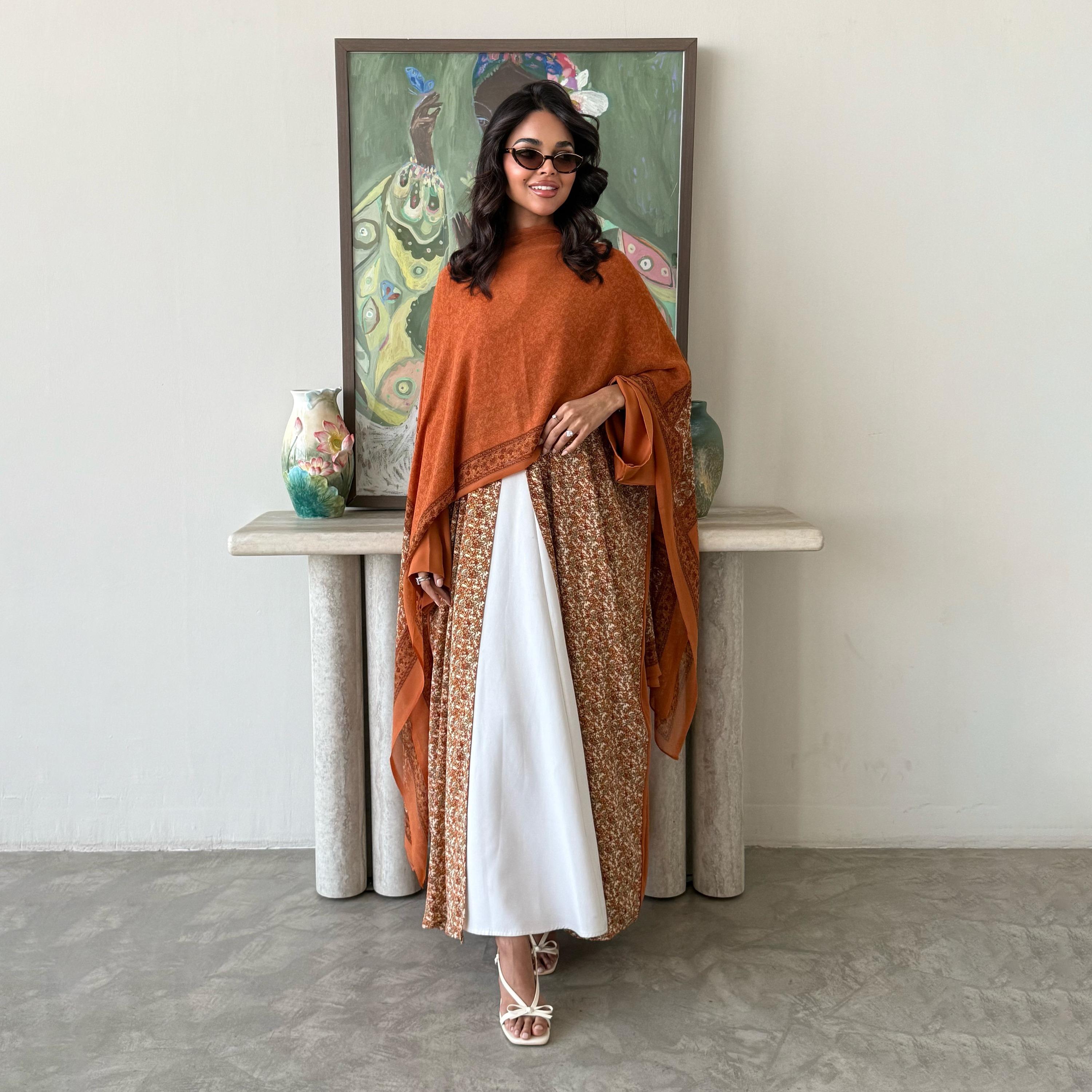 Lusin abaya Floral Print Dual-Tone Wide Sleeves Indian Silk Women's Abaya with Hijab-women-arabicclothing-abayas-image-1