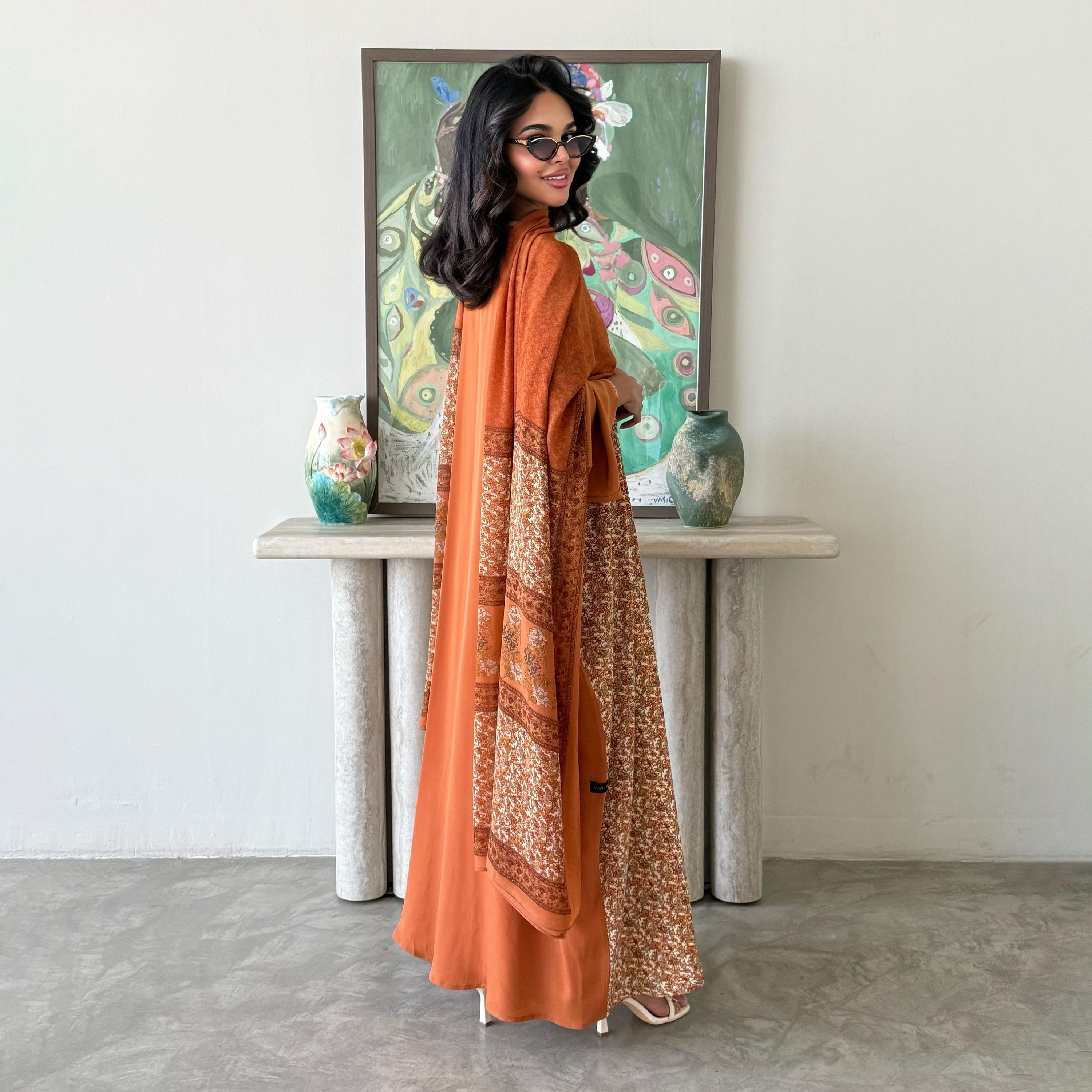 Lusin abaya Floral Print Dual-Tone Wide Sleeves Indian Silk Women's Abaya with Hijab-women-arabicclothing-abayas-image-7