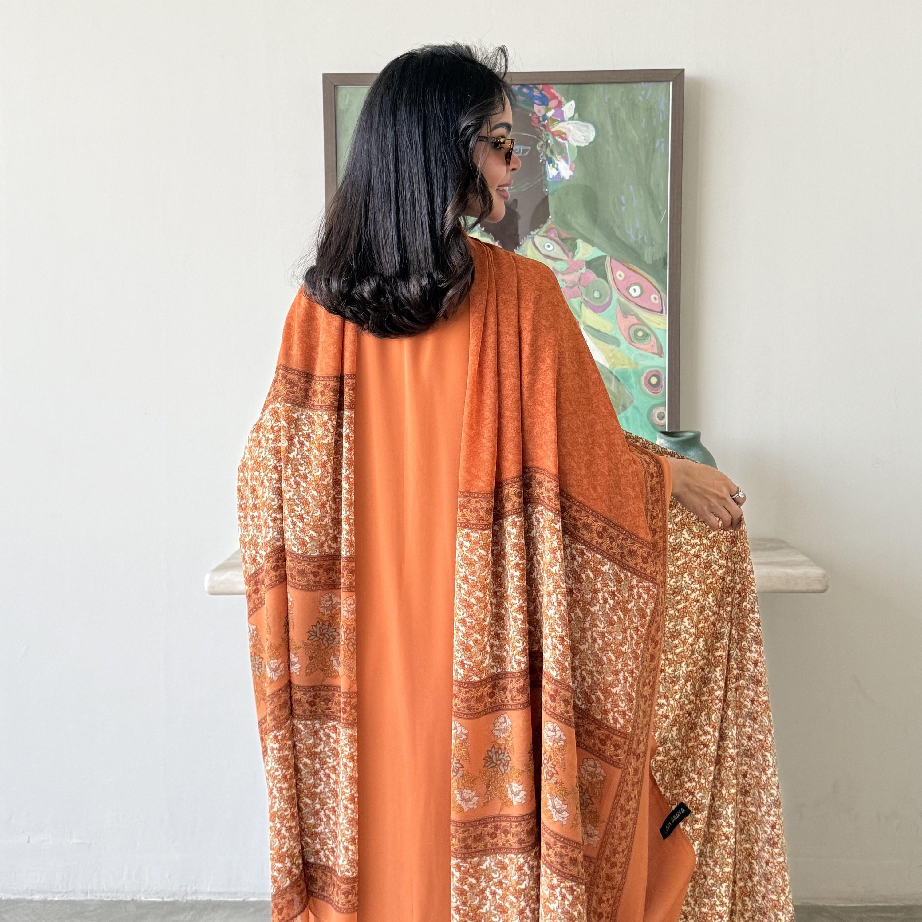 Lusin abaya Floral Print Dual-Tone Wide Sleeves Indian Silk Women's Abaya with Hijab-women-arabicclothing-abayas-image-9