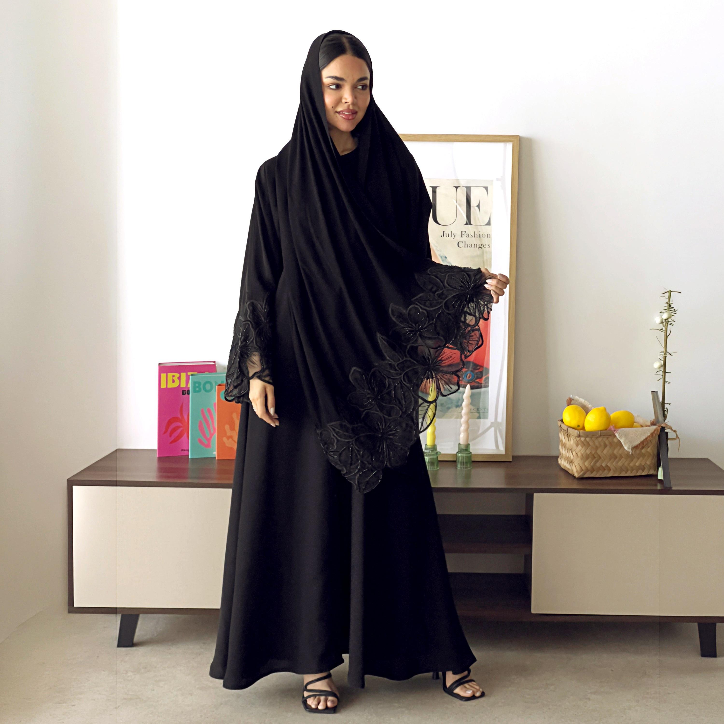 Lusin Abaya Black Floral Embroidered and Hand Beaded Crepe Women's Abaya with Hijab-women-arabicclothing-abayas-image-1