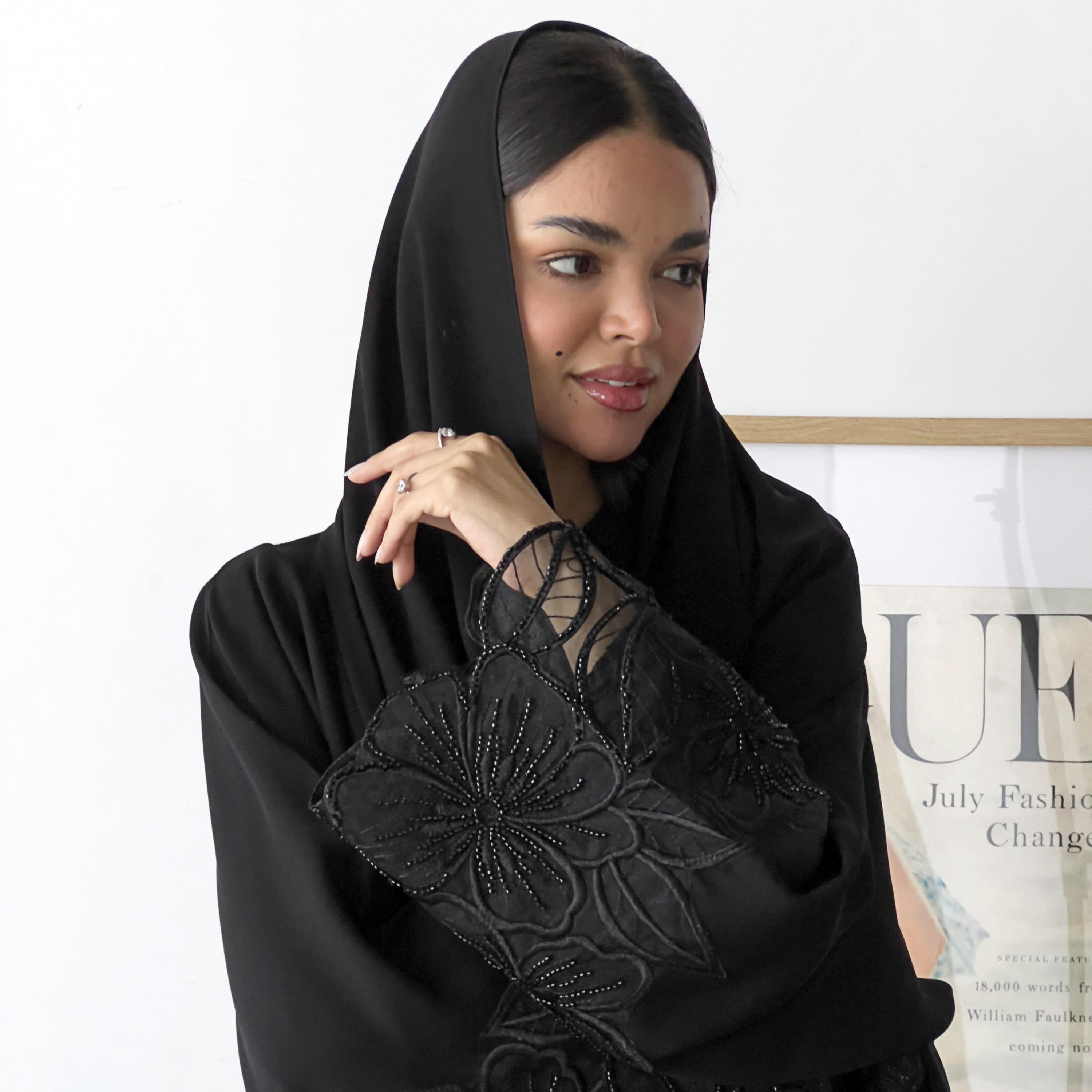 Lusin Abaya Black Floral Embroidered and Hand Beaded Crepe Women's Abaya with Hijab-women-arabicclothing-abayas-image-2