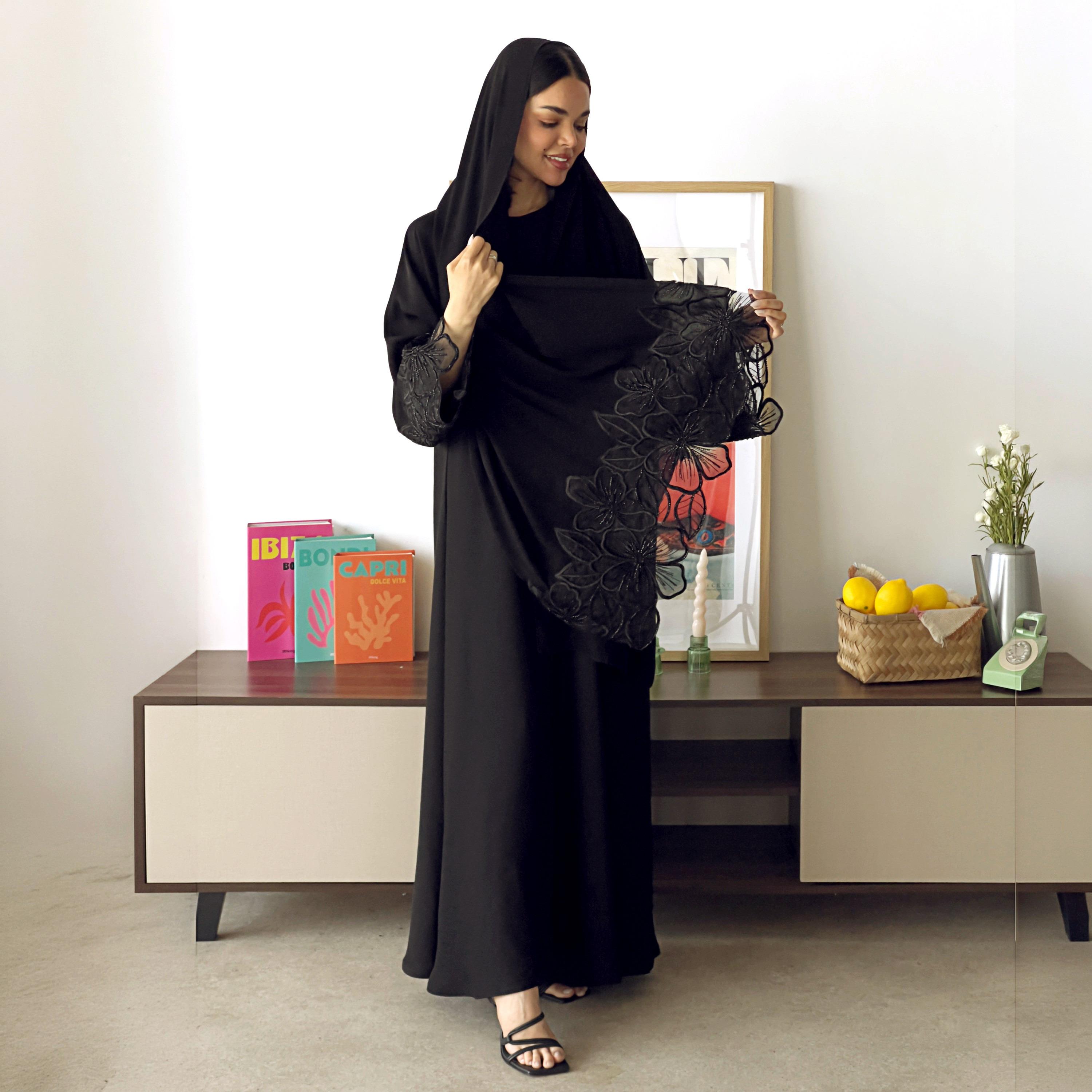 Lusin Abaya Black Floral Embroidered and Hand Beaded Crepe Women's Abaya with Hijab-women-arabicclothing-abayas-image-3