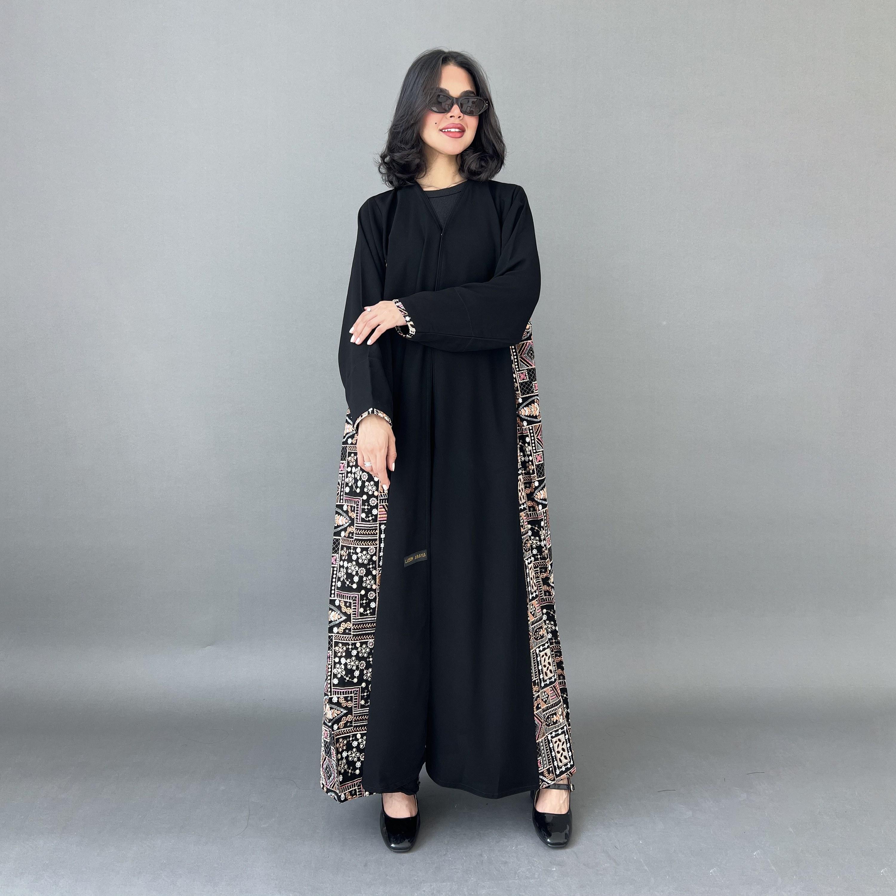Lusin abaya Black Embroidered Panelled Royal Crepe Women's Evening Abaya with Hijab-women-arabicclothing-abayas-image-1