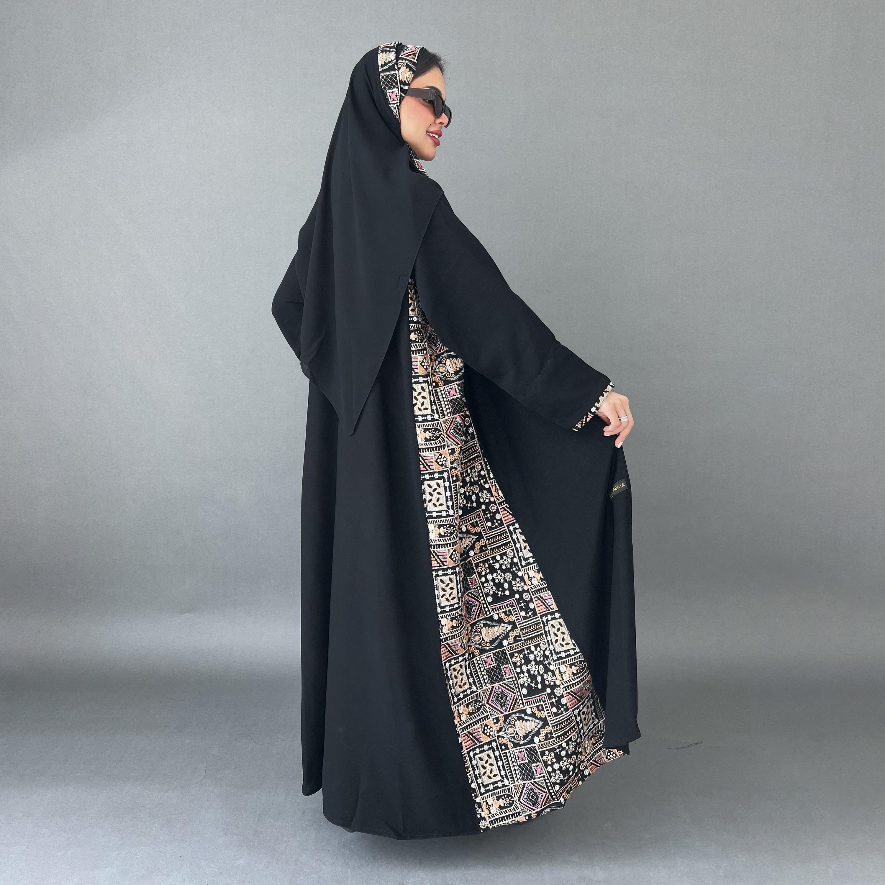 Lusin abaya Black Embroidered Panelled Royal Crepe Women's Evening Abaya with Hijab-women-arabicclothing-abayas-image-4