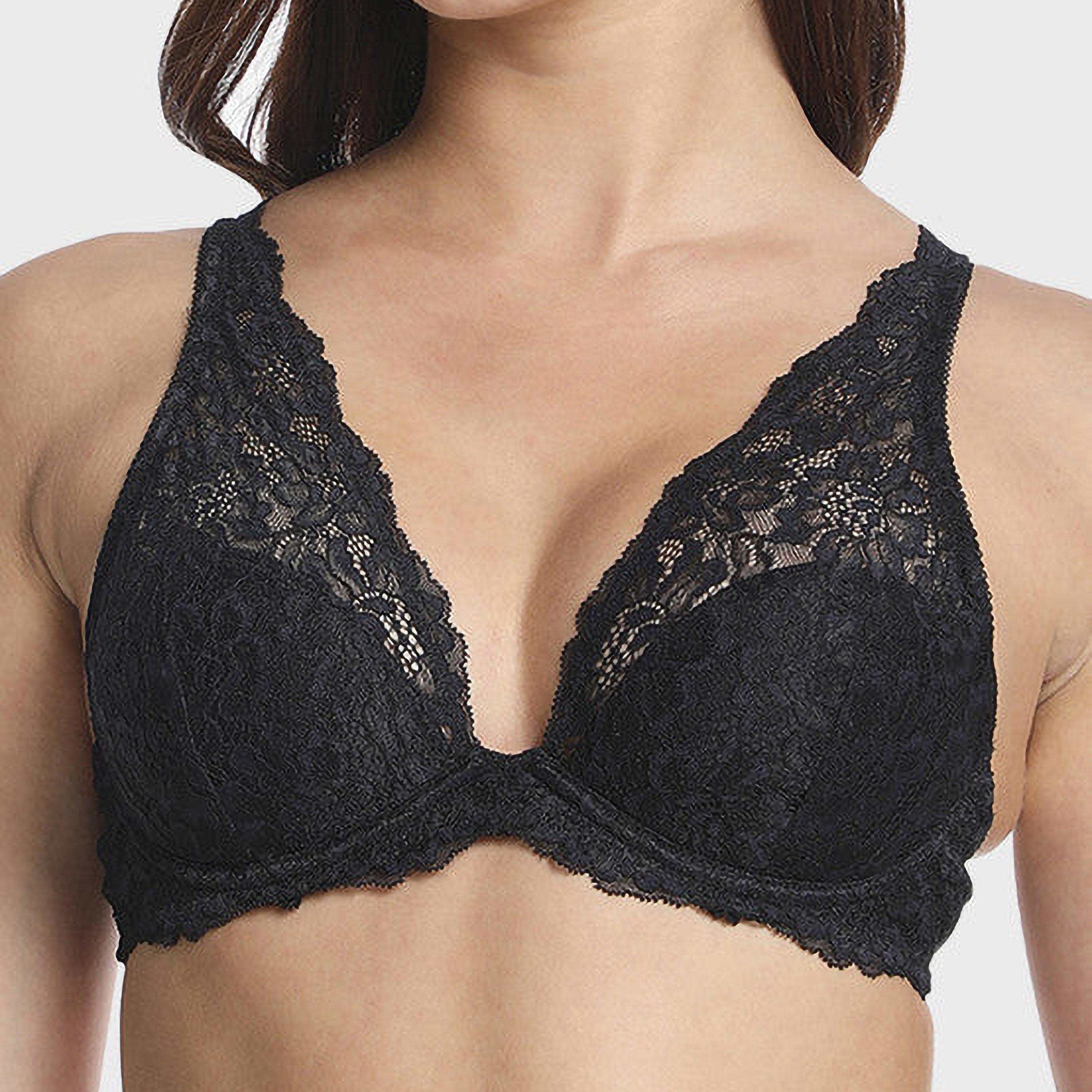 Isla & Evie Black Lace Non-Wired Light Support Unlined Women's Plunge Bra-women-clothing-lingerie-bras-image-2