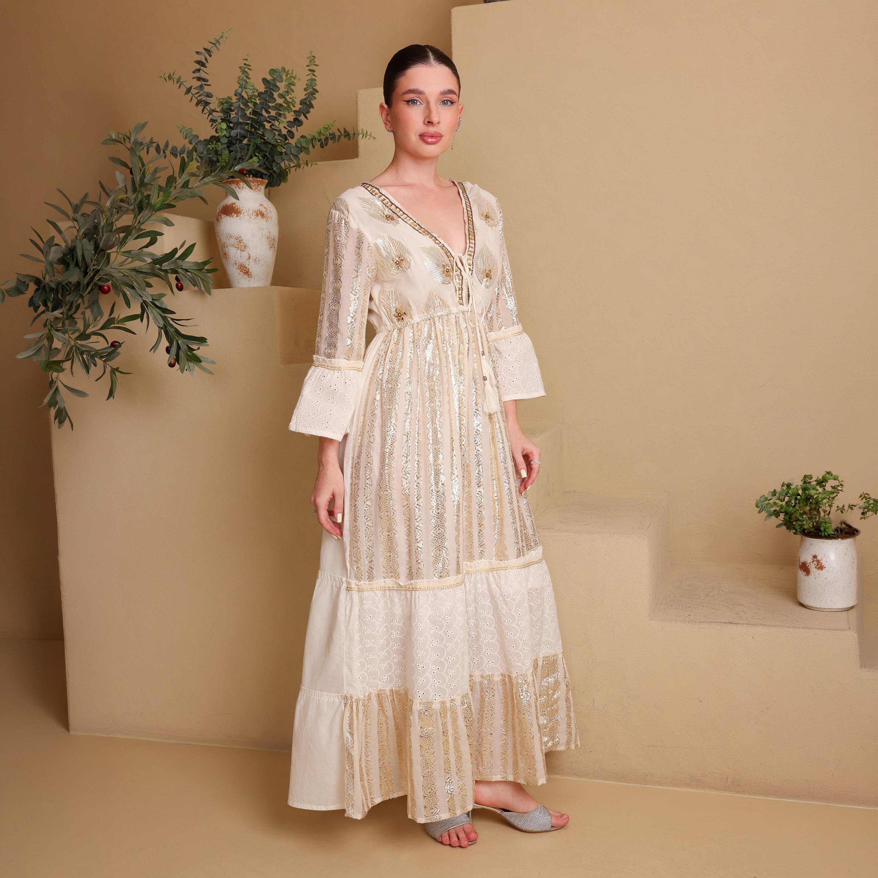 IKKXA White Metallic Embroidery Bell Sleeves Women's Evening Tiered Jalabiya-women-arabicclothing-jalabiyas-image-1