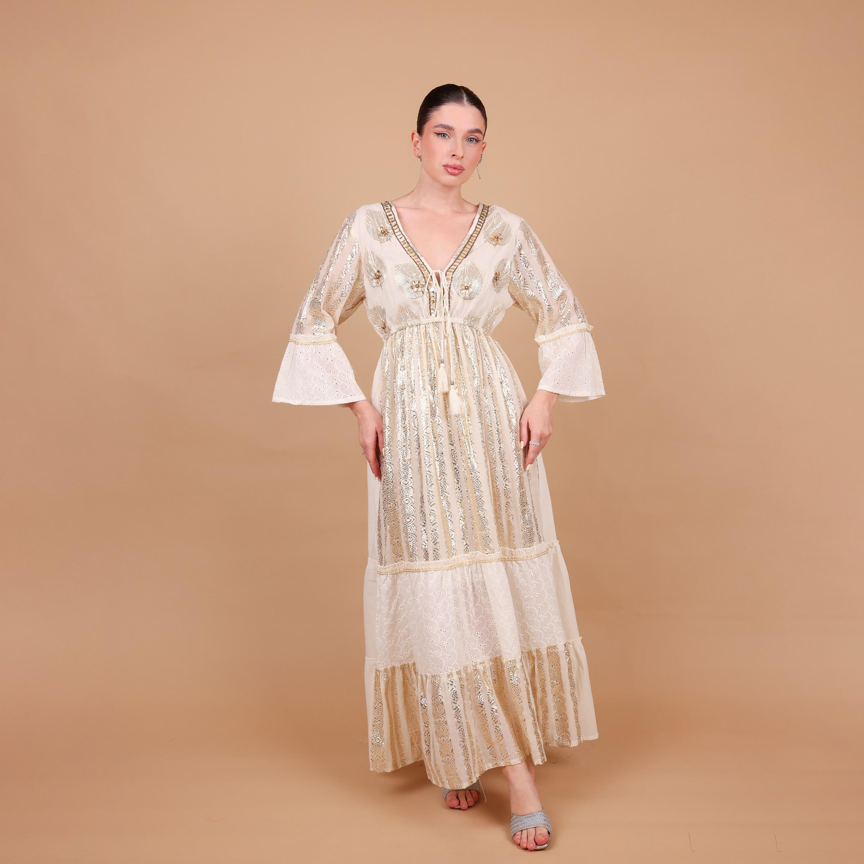 IKKXA White Metallic Embroidery Bell Sleeves Women's Evening Tiered Jalabiya-women-arabicclothing-jalabiyas-image-2