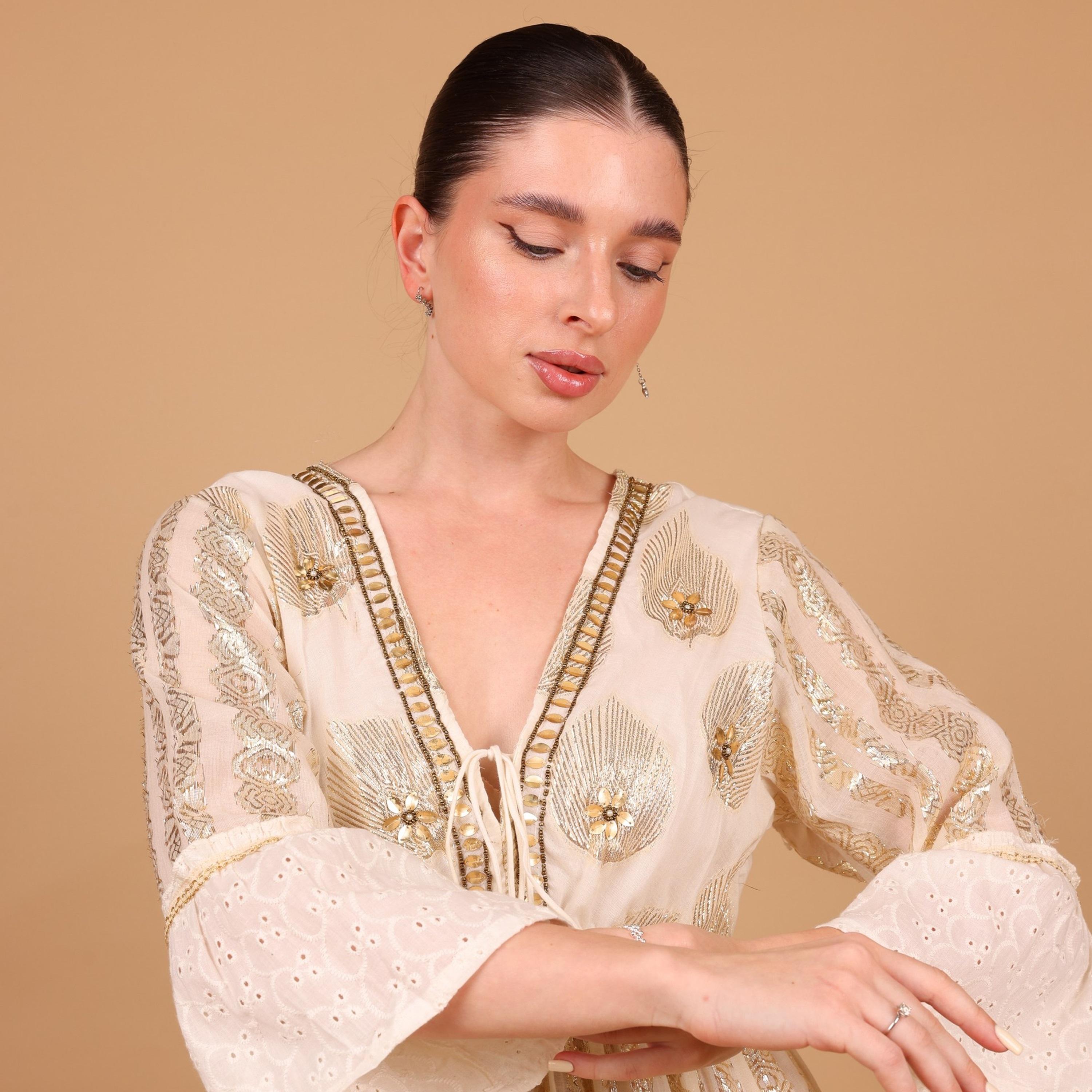 IKKXA White Metallic Embroidery Bell Sleeves Women's Evening Tiered Jalabiya-women-arabicclothing-jalabiyas-image-3