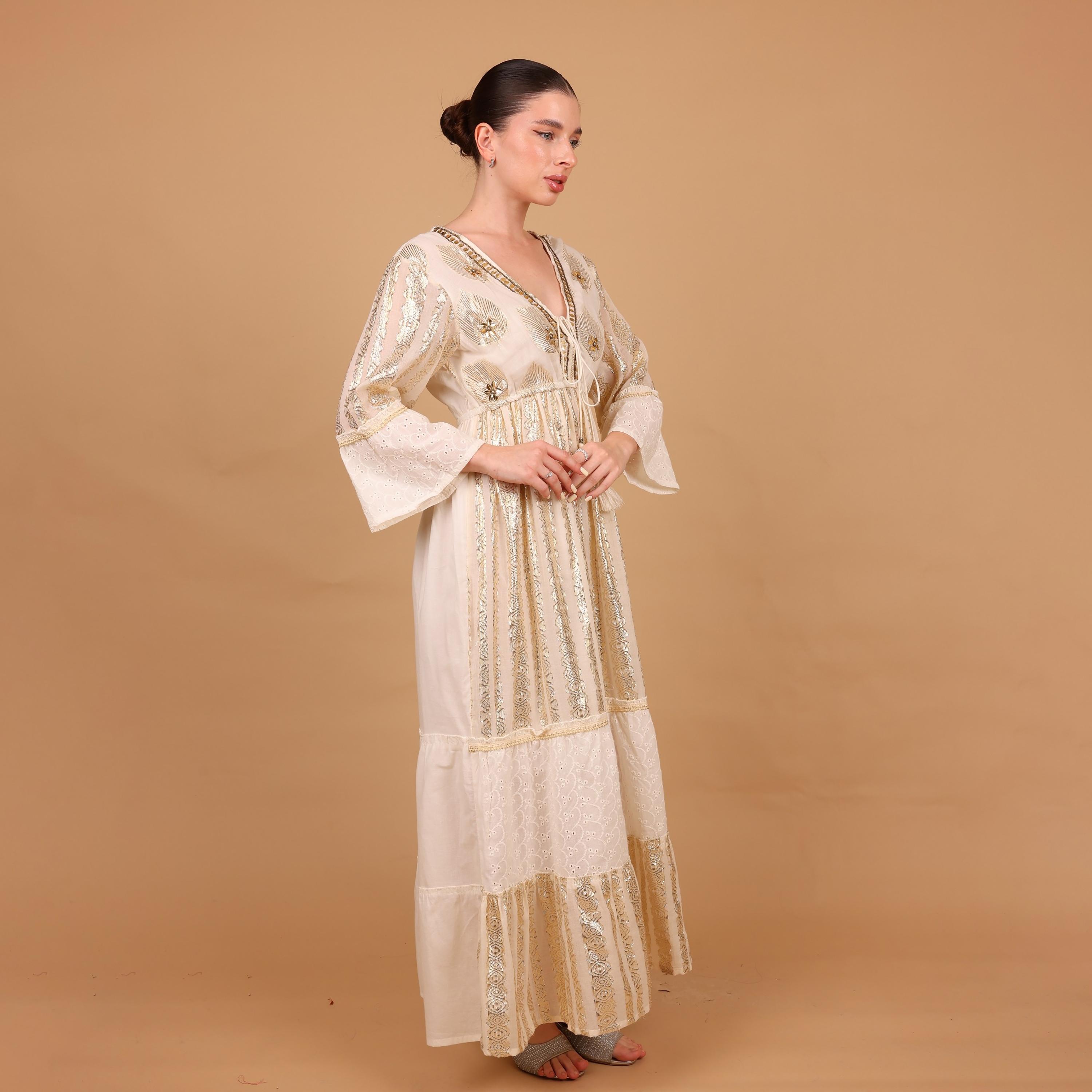 IKKXA White Metallic Embroidery Bell Sleeves Women's Evening Tiered Jalabiya-women-arabicclothing-jalabiyas-image-4