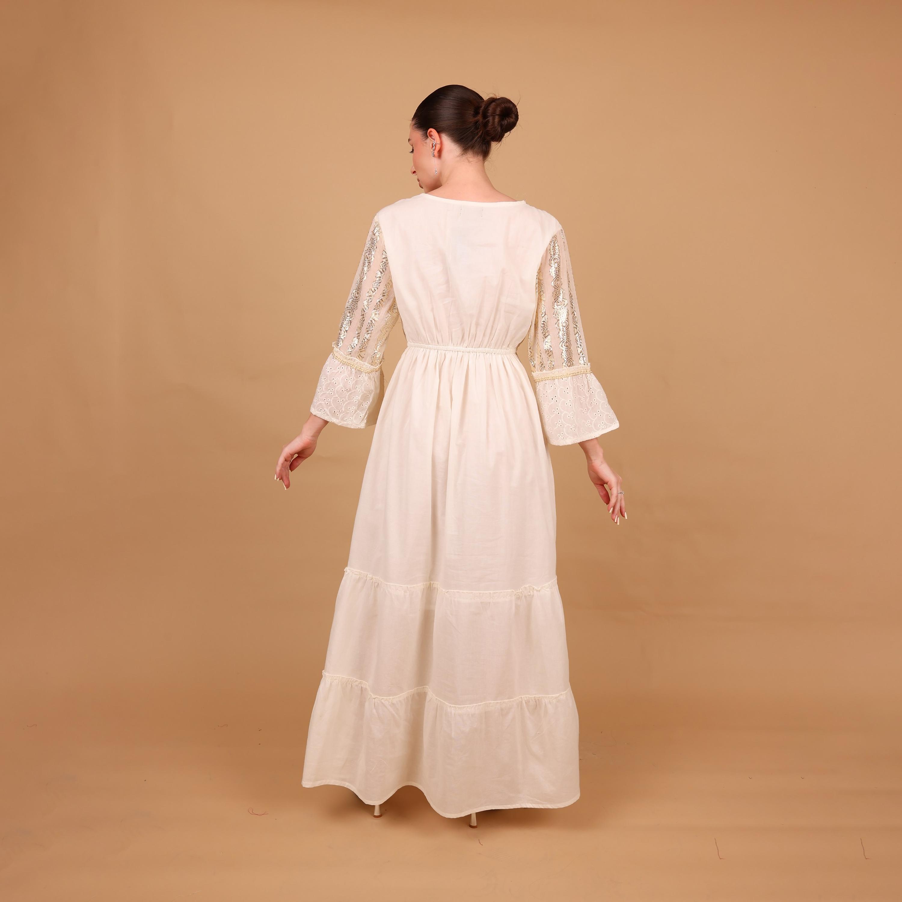 IKKXA White Metallic Embroidery Bell Sleeves Women's Evening Tiered Jalabiya-women-arabicclothing-jalabiyas-image-5
