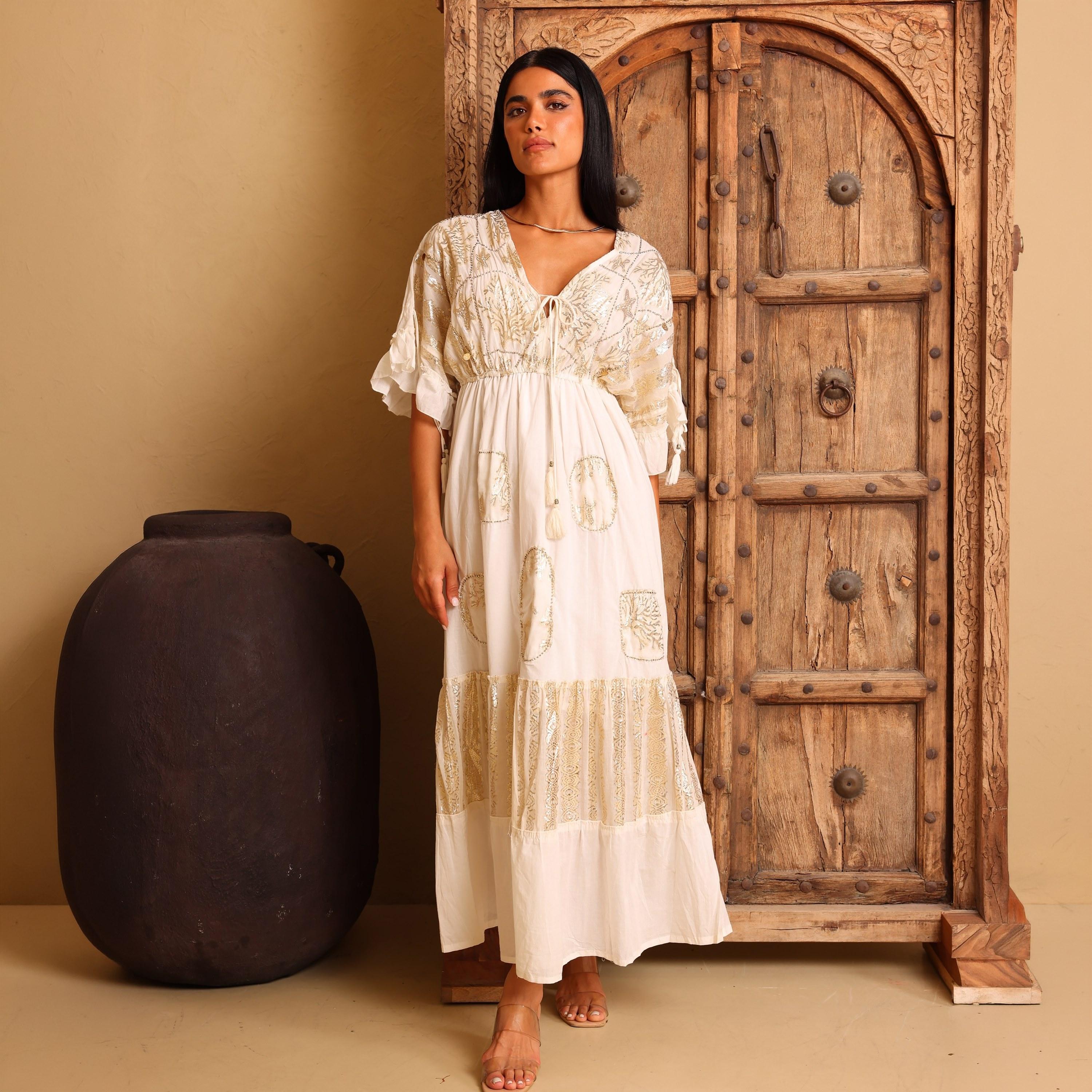 IKKXA White Metallic Embroidery Wide Sleeves Women's Evening Tiered Jalabiya-women-arabicclothing-jalabiyas-image-1