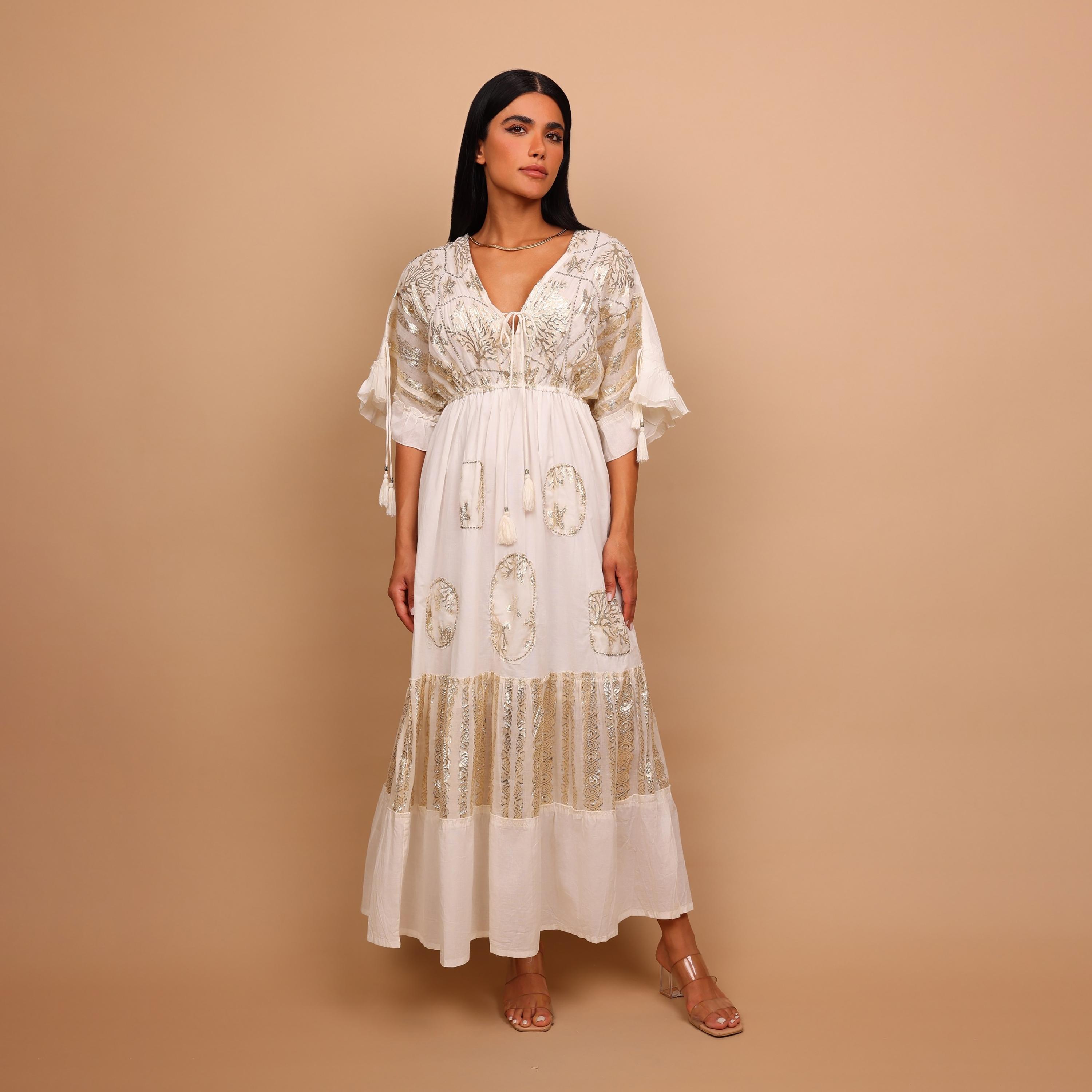 IKKXA White Metallic Embroidery Wide Sleeves Women's Evening Tiered Jalabiya-women-arabicclothing-jalabiyas-image-2