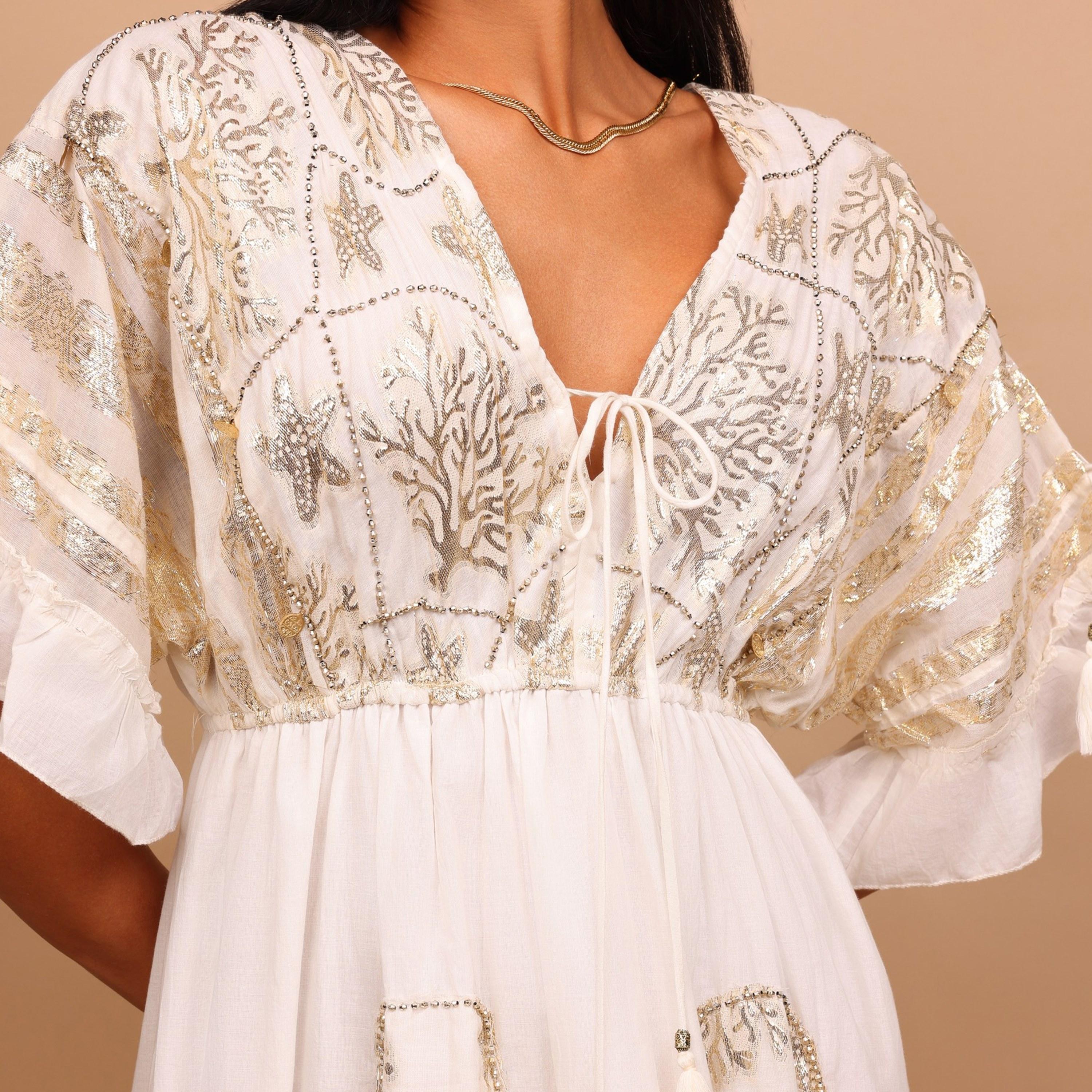 IKKXA White Metallic Embroidery Wide Sleeves Women's Evening Tiered Jalabiya-women-arabicclothing-jalabiyas-image-3