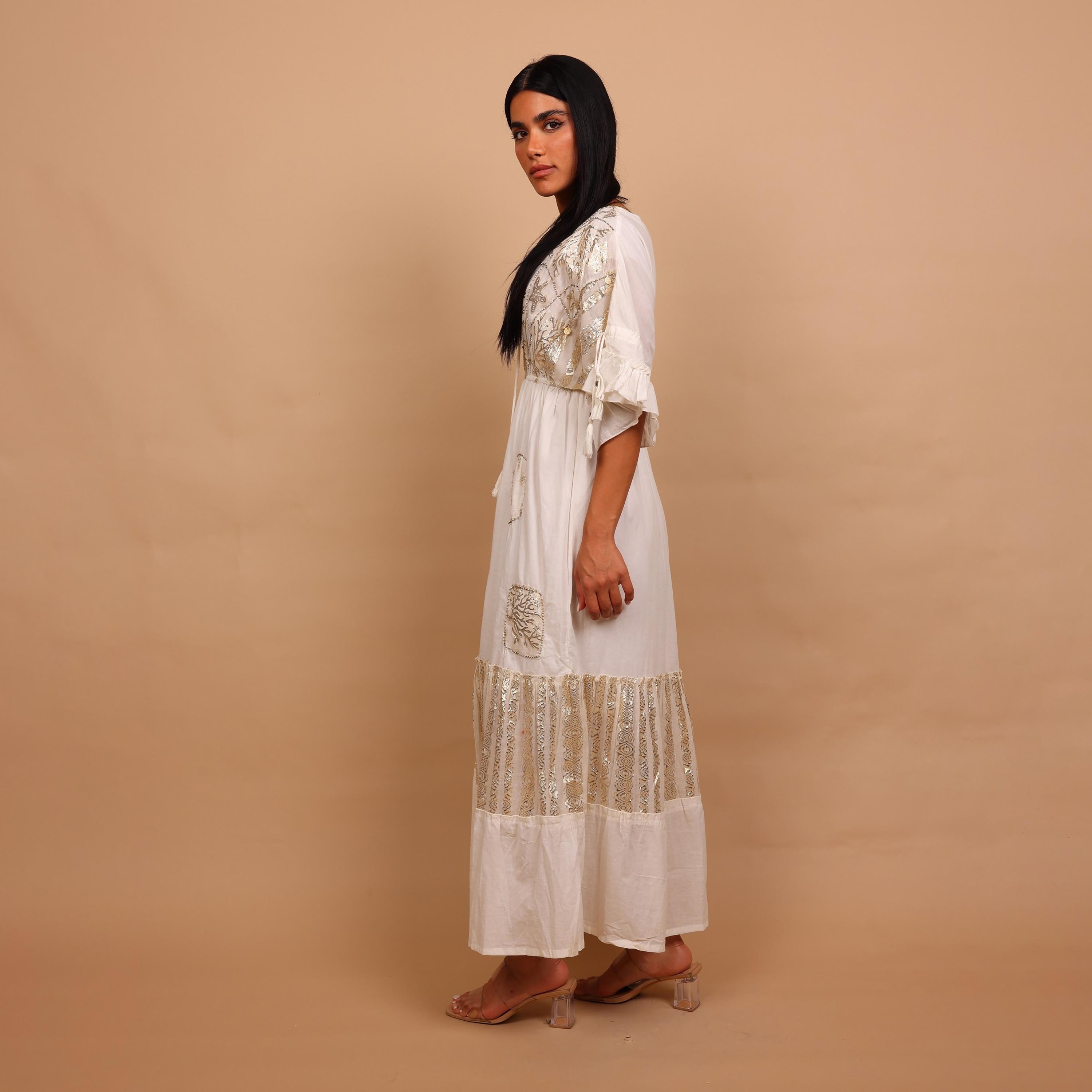 IKKXA White Metallic Embroidery Wide Sleeves Women's Evening Tiered Jalabiya-women-arabicclothing-jalabiyas-image-4