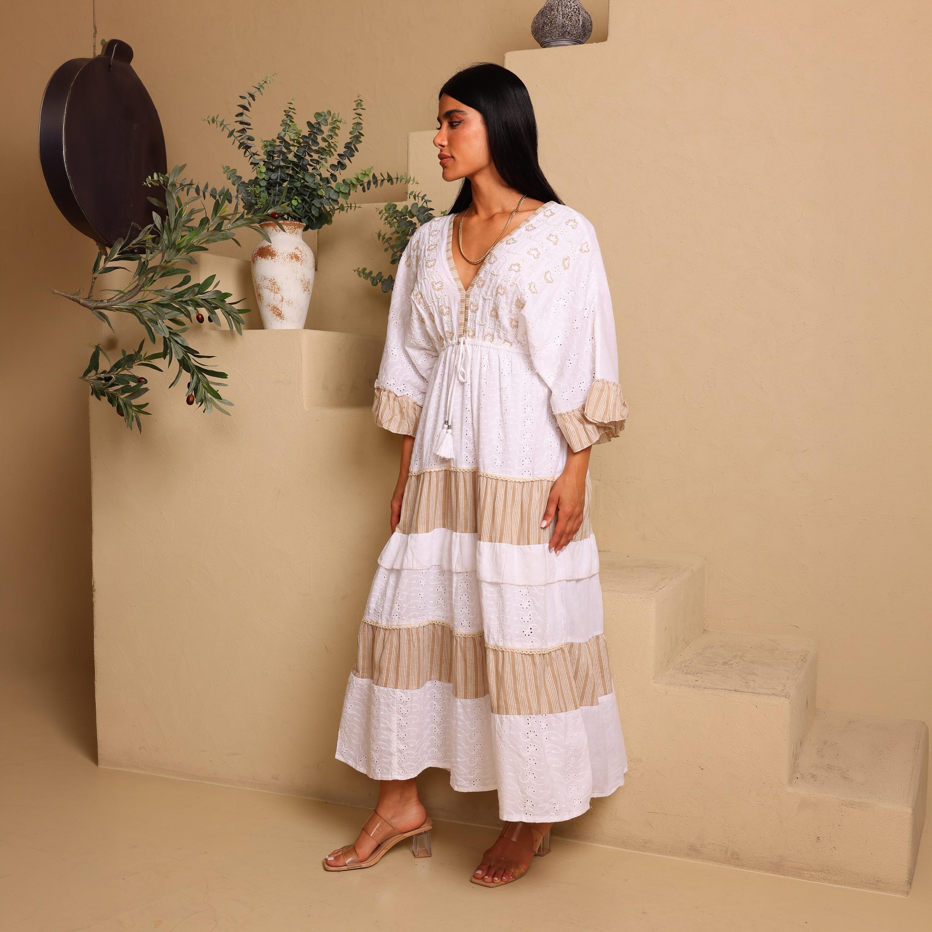 IKKXA Color-Blocked Schiffli Women's Tiered Jalabiya-women-arabicclothing-jalabiyas-image-1