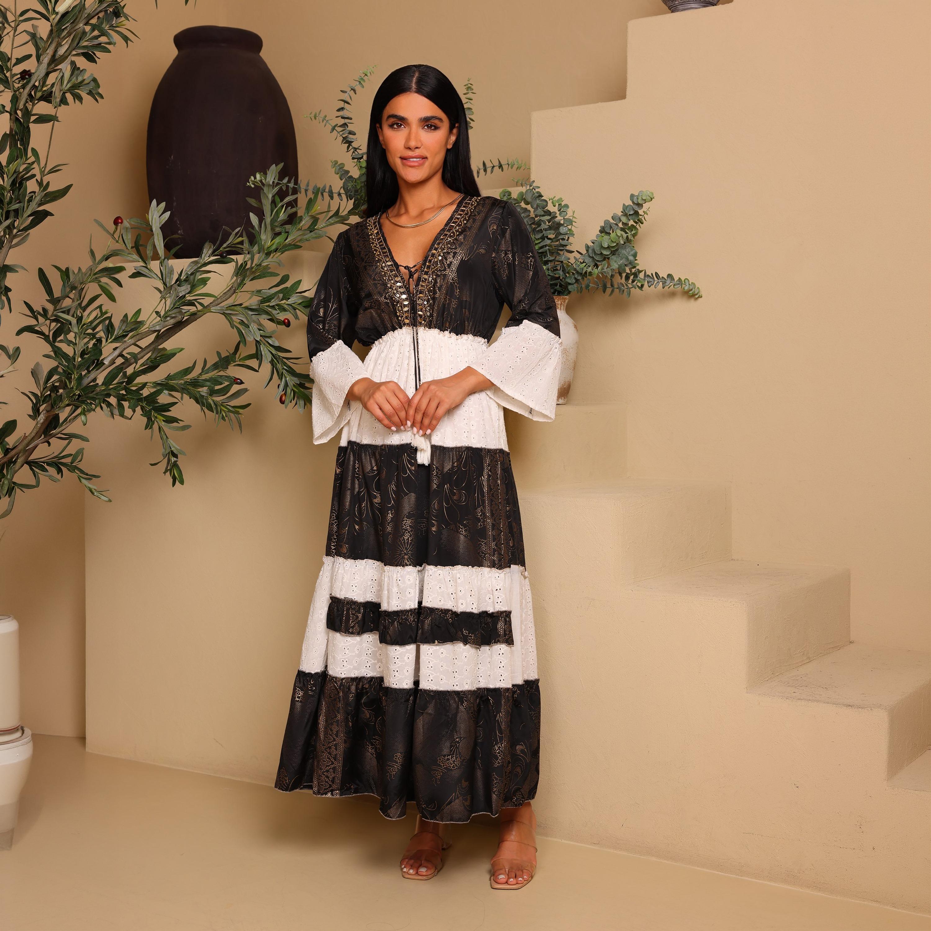 IKKXA Color-Blocked Schiffli Bell Sleeves Women's Tiered Jalabiya-women-arabicclothing-jalabiyas-image-1