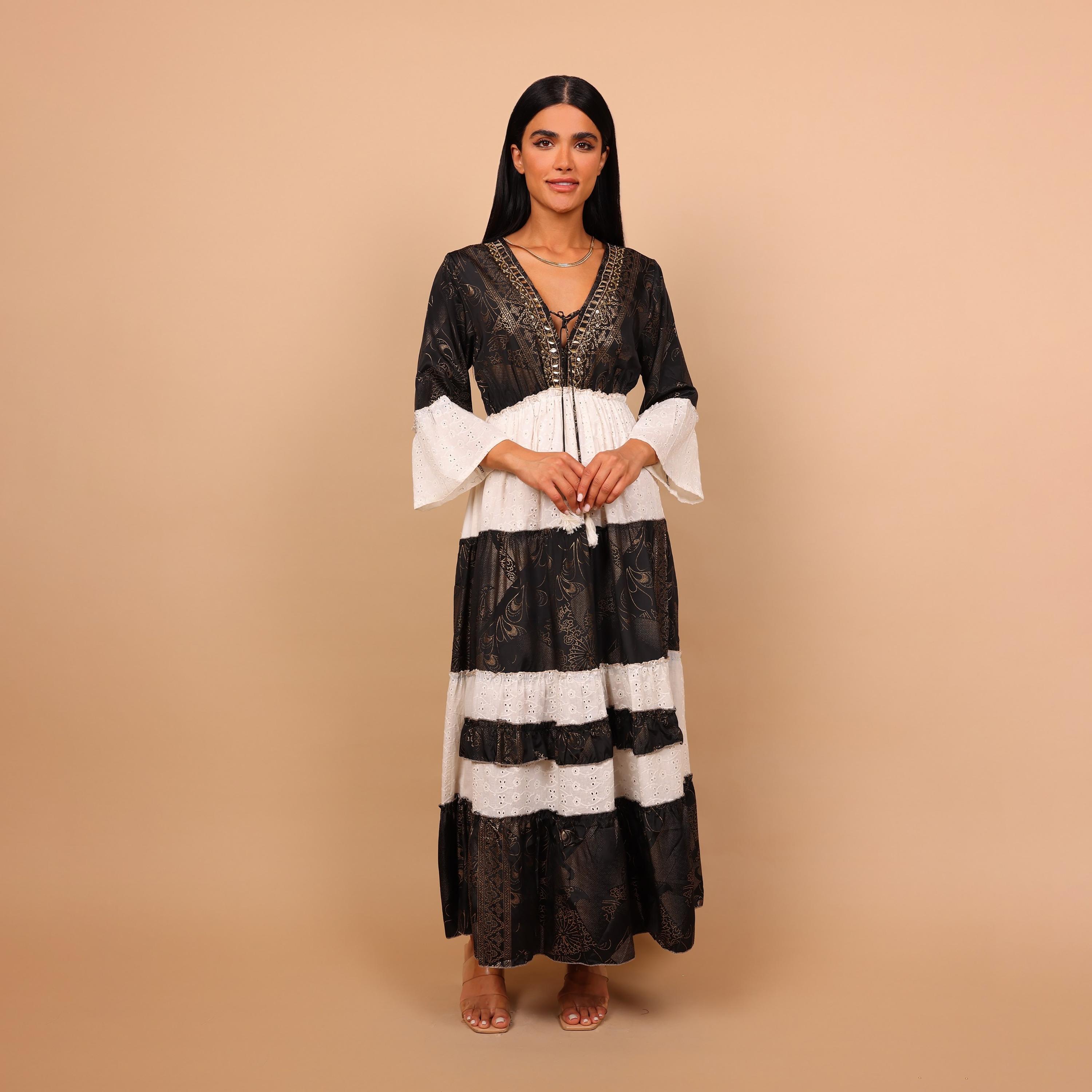 IKKXA Color-Blocked Schiffli Bell Sleeves Women's Tiered Jalabiya-women-arabicclothing-jalabiyas-image-2