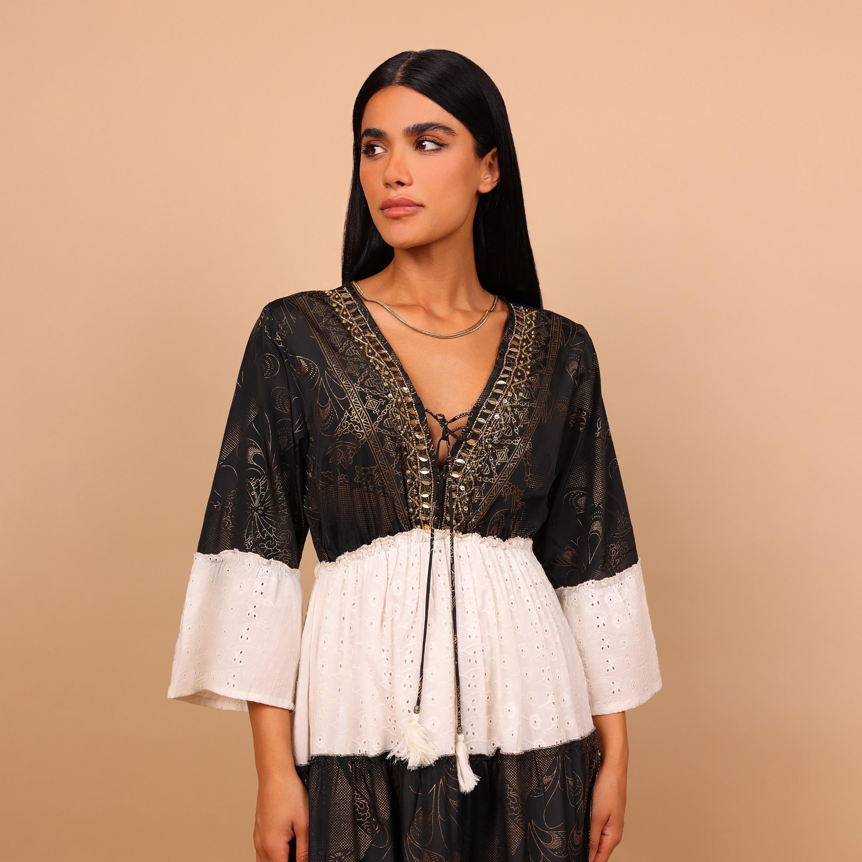 IKKXA Color-Blocked Schiffli Bell Sleeves Women's Tiered Jalabiya-women-arabicclothing-jalabiyas-image-3